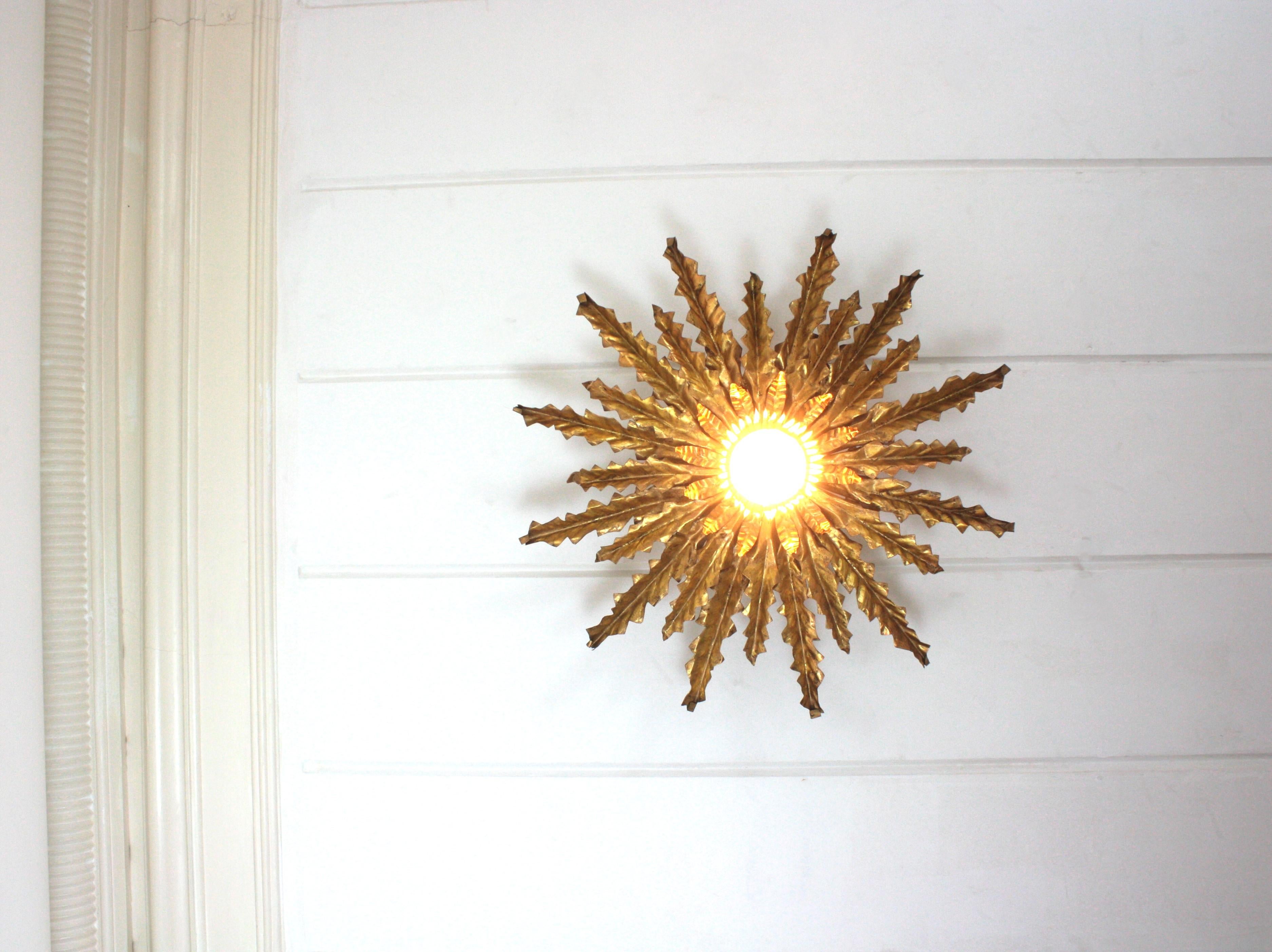 Spanish Sunburst Leafed Ceiling Light Fixture or Pendant, Gilt Iron For Sale 9