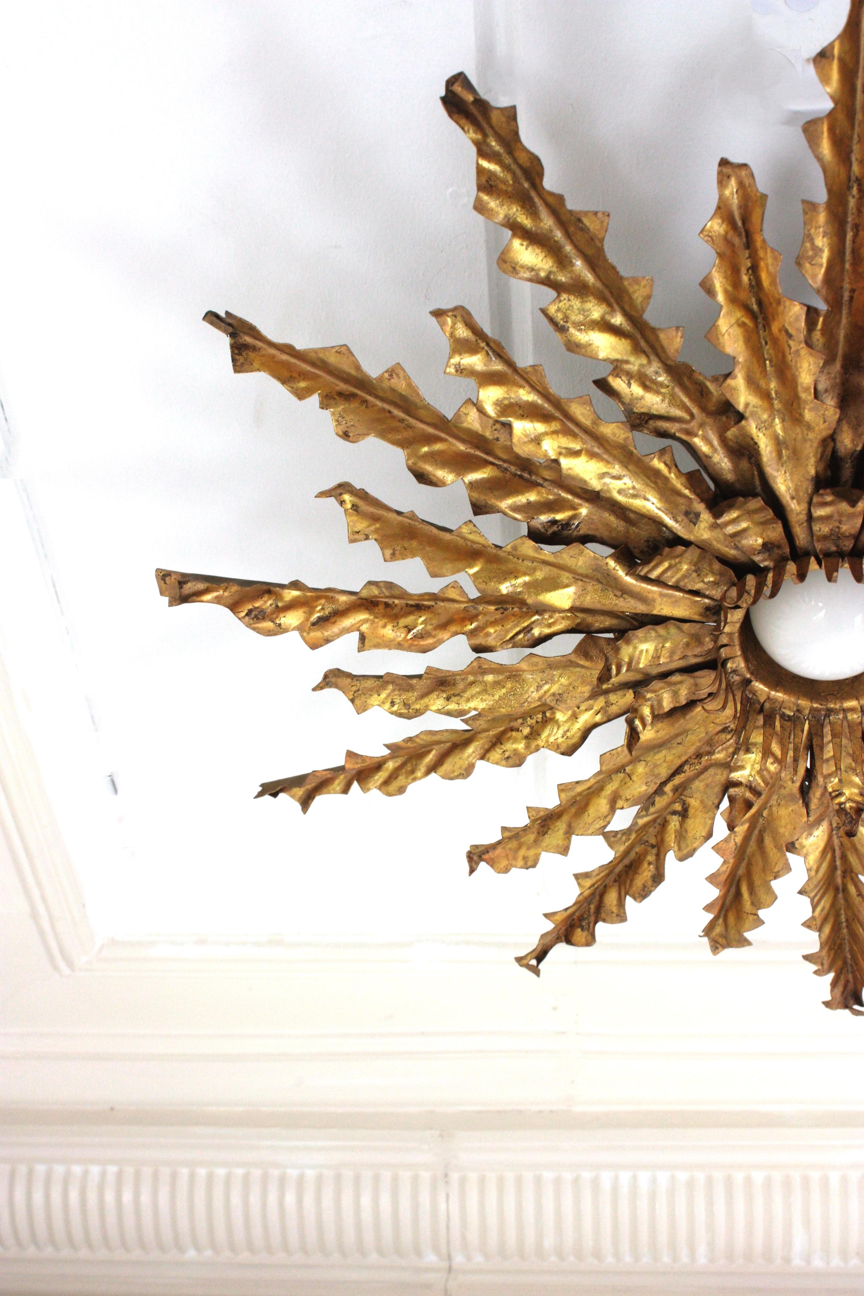 Spanish Sunburst Leafed Ceiling Light Fixture or Pendant, Gilt Iron For Sale 10