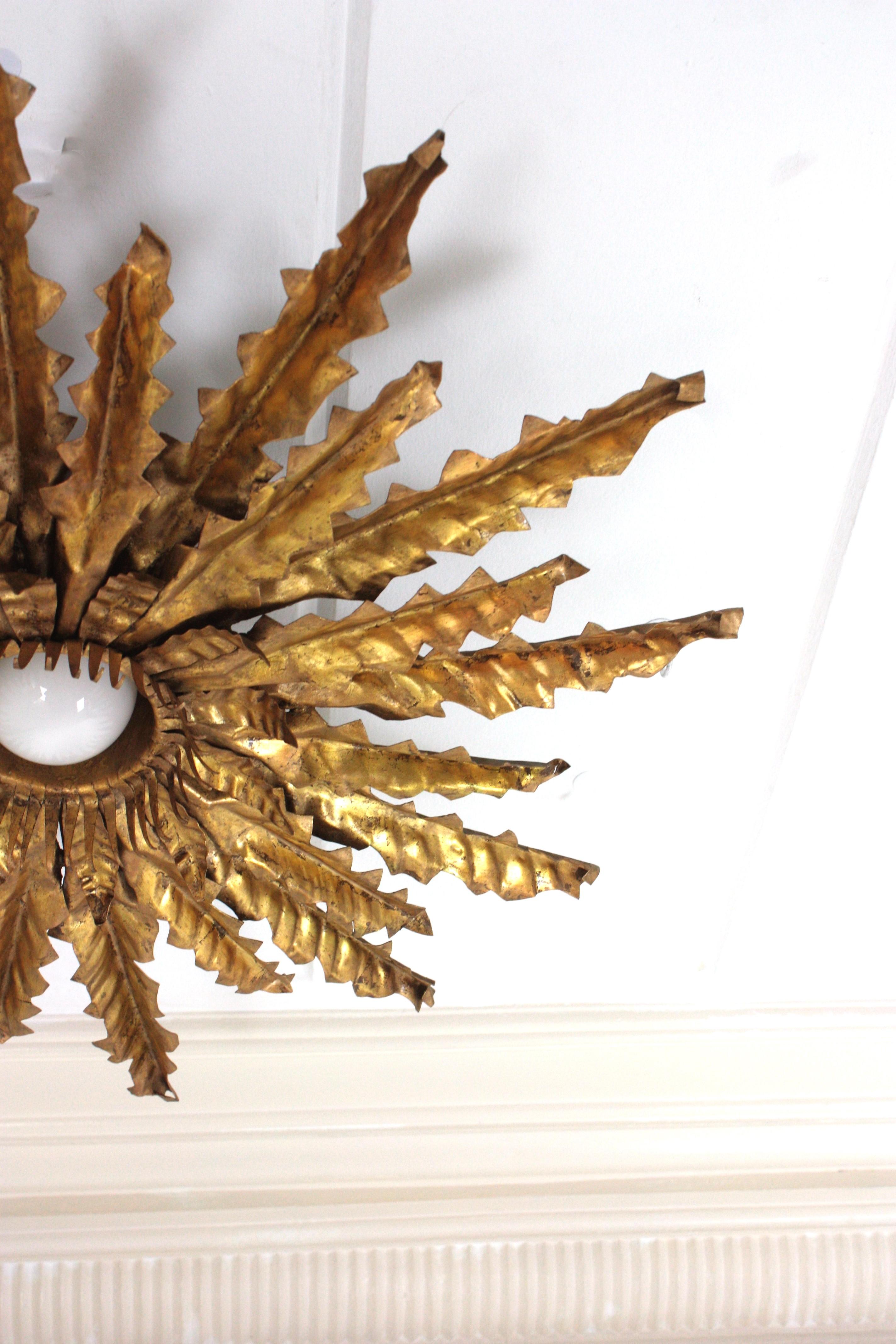Spanish Sunburst Leafed Ceiling Light Fixture or Pendant, Gilt Iron For Sale 11