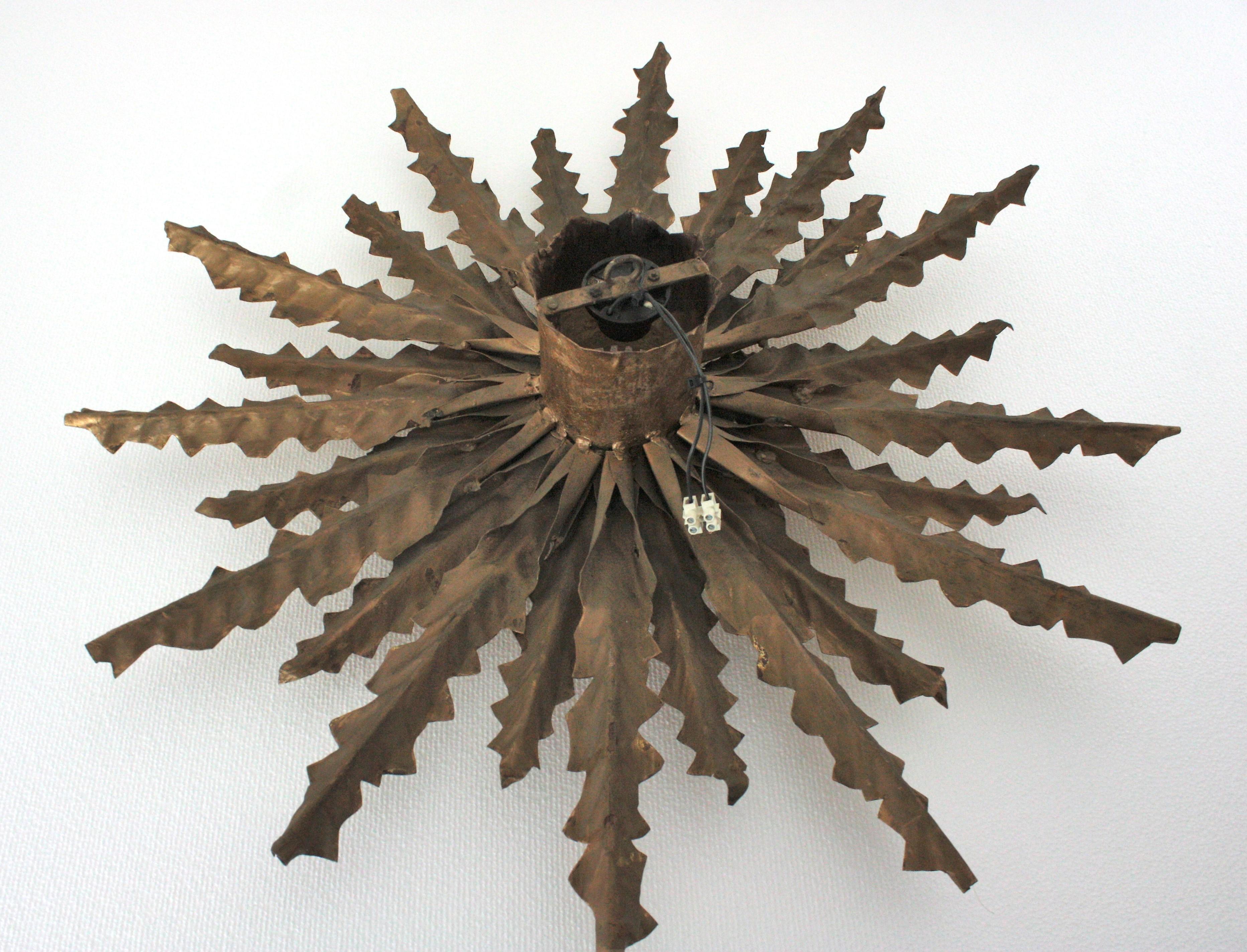 Spanish Sunburst Leafed Ceiling Light Fixture or Pendant, Gilt Iron For Sale 13