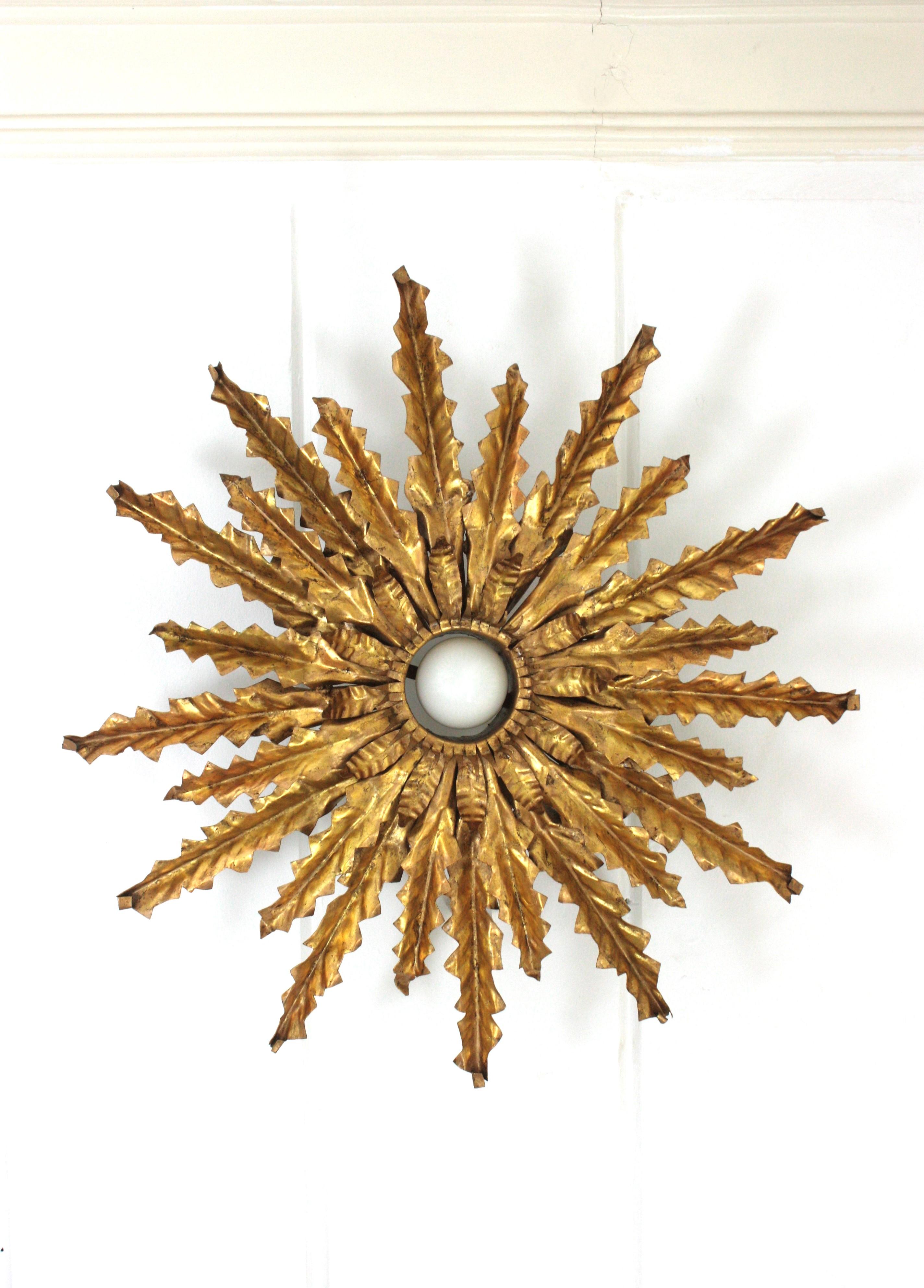 Brutalist Spanish Sunburst Leafed Ceiling Light Fixture or Pendant, Gilt Iron For Sale