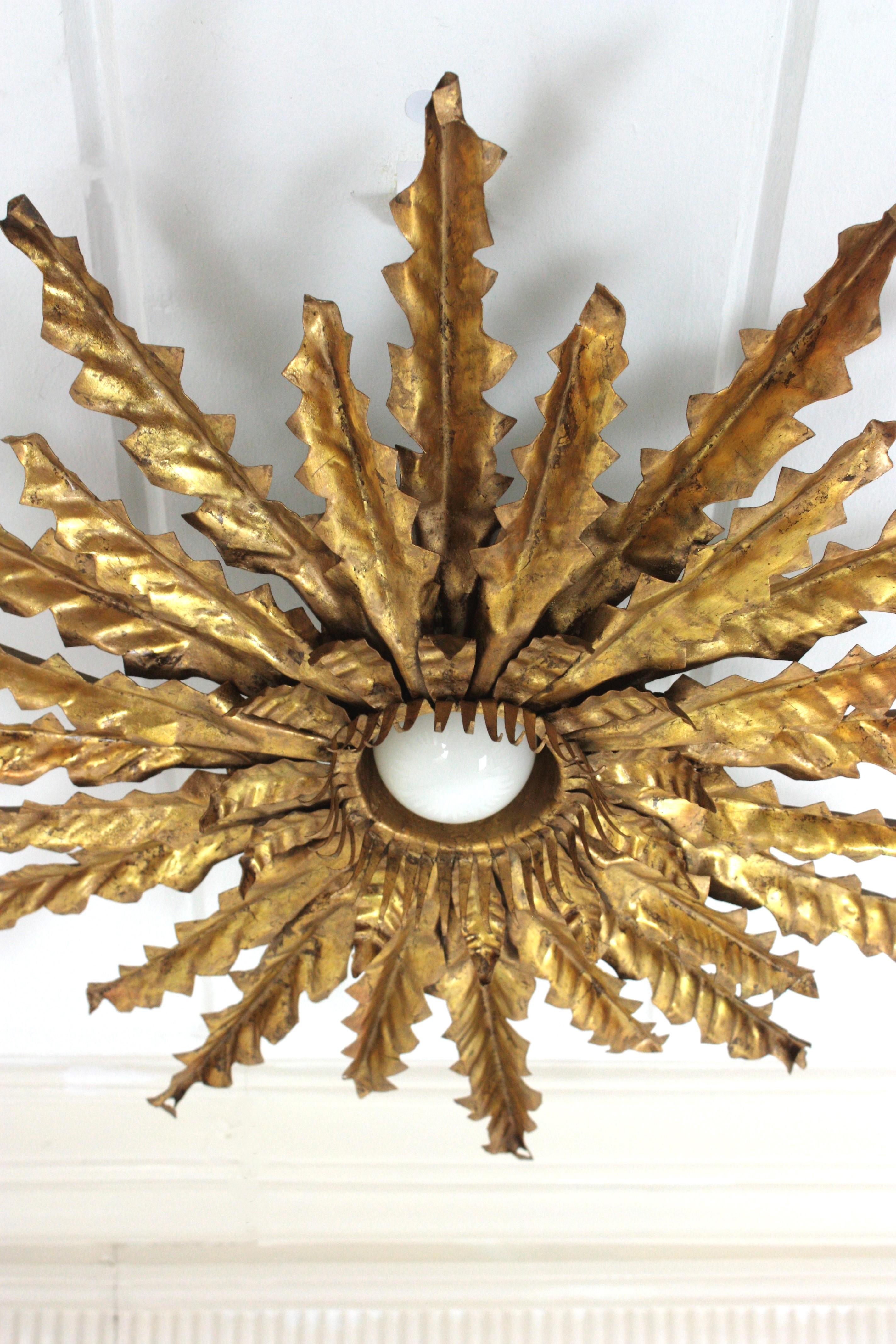 Spanish Sunburst Leafed Ceiling Light Fixture or Pendant, Gilt Iron For Sale 2