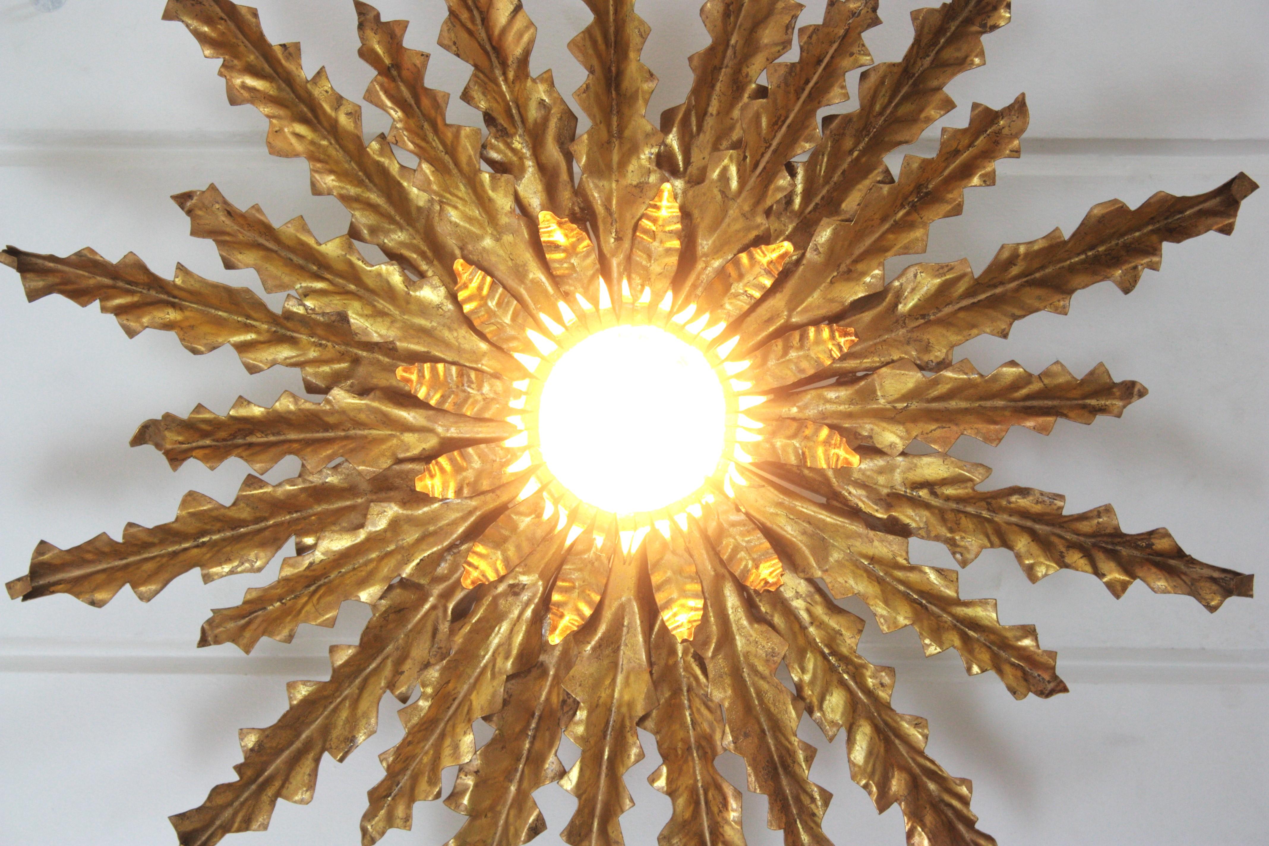 Spanish Sunburst Leafed Ceiling Light Fixture or Pendant, Gilt Iron For Sale 3