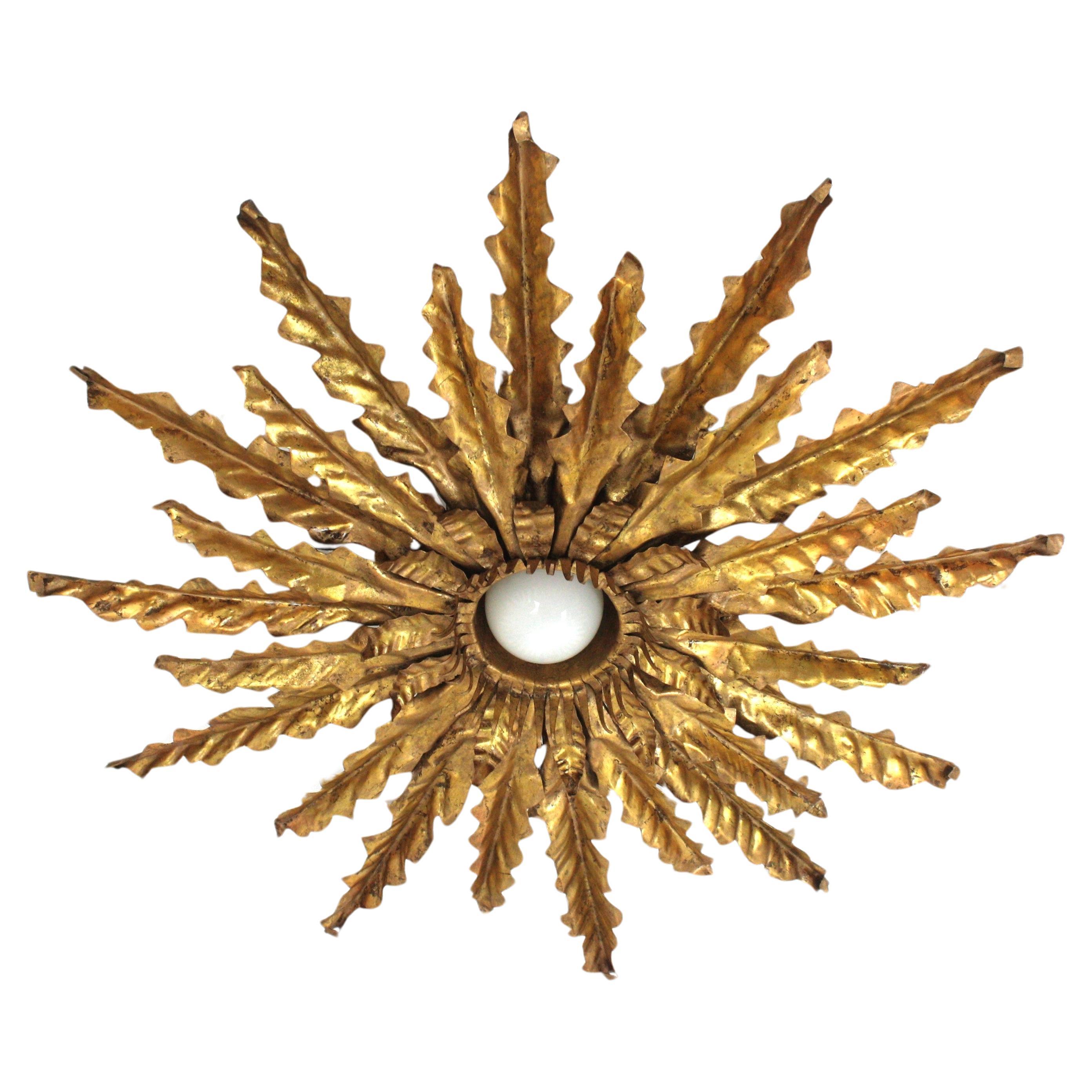 Spanish Sunburst Leafed Ceiling Light Fixture or Pendant, Gilt Iron