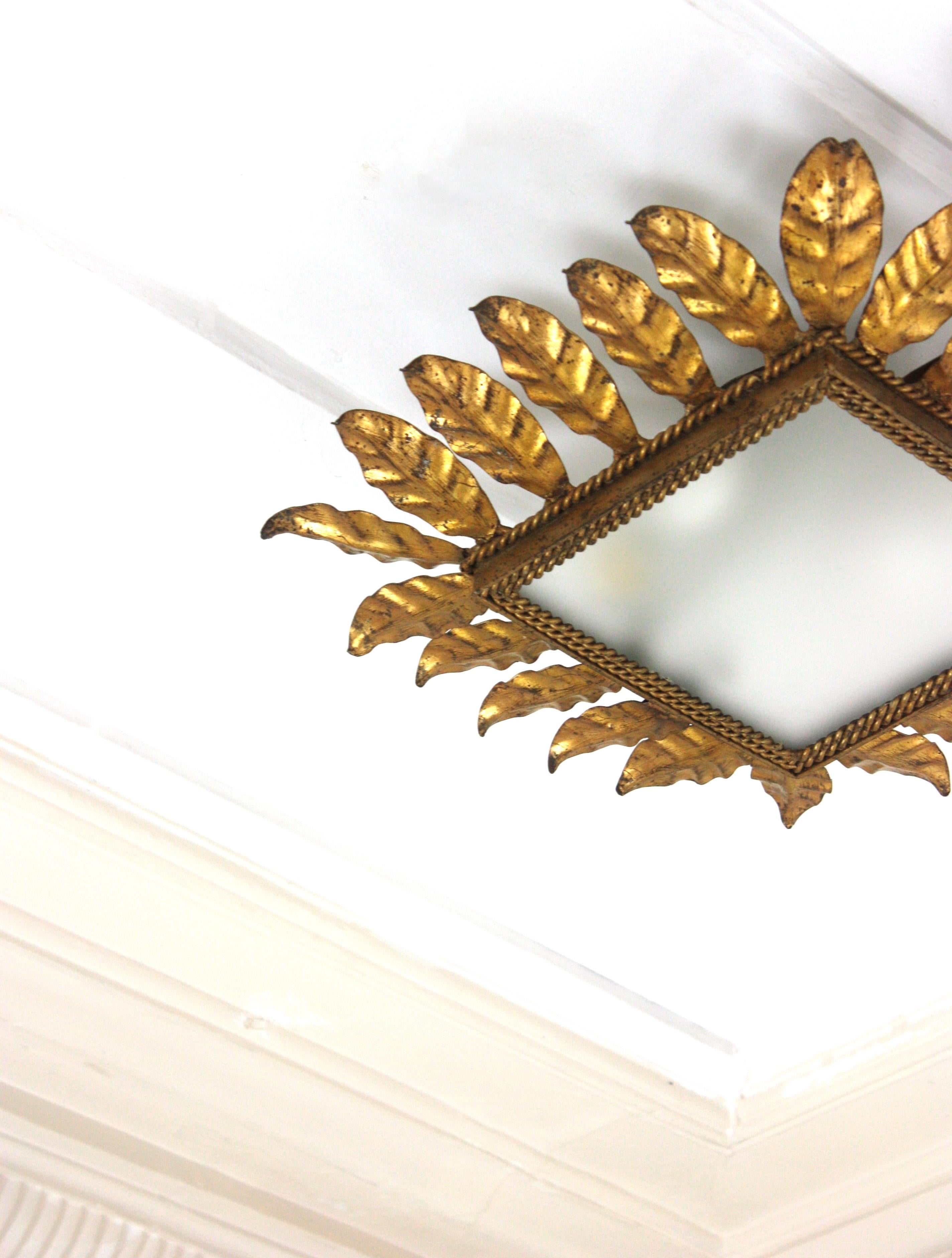 Spanish Sunburst Leafed Crown Ceiling Light Fixture, Gilt Iron and Frosted Glass For Sale 4
