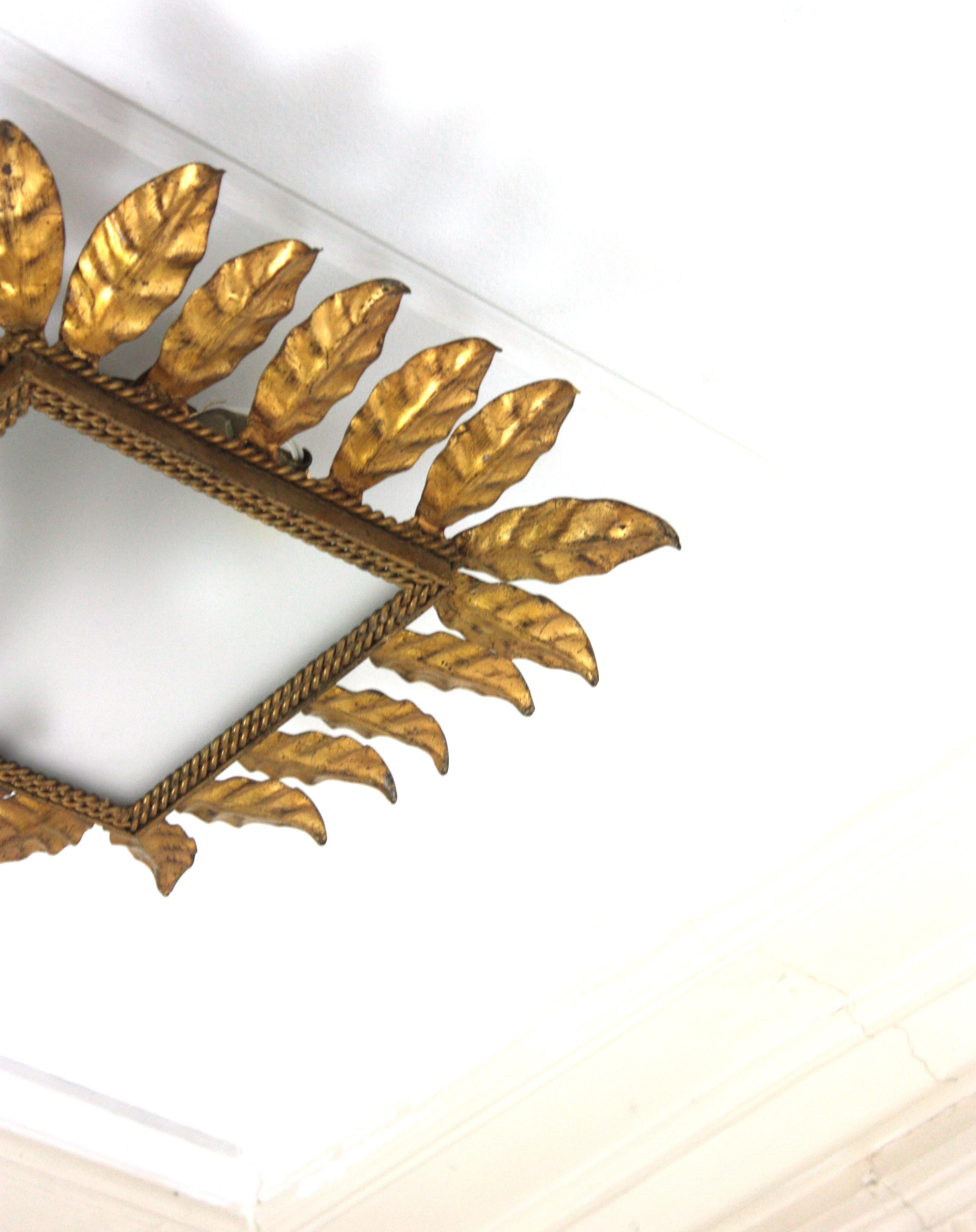 Spanish Sunburst Leafed Crown Ceiling Light Fixture, Gilt Iron and Frosted Glass For Sale 5