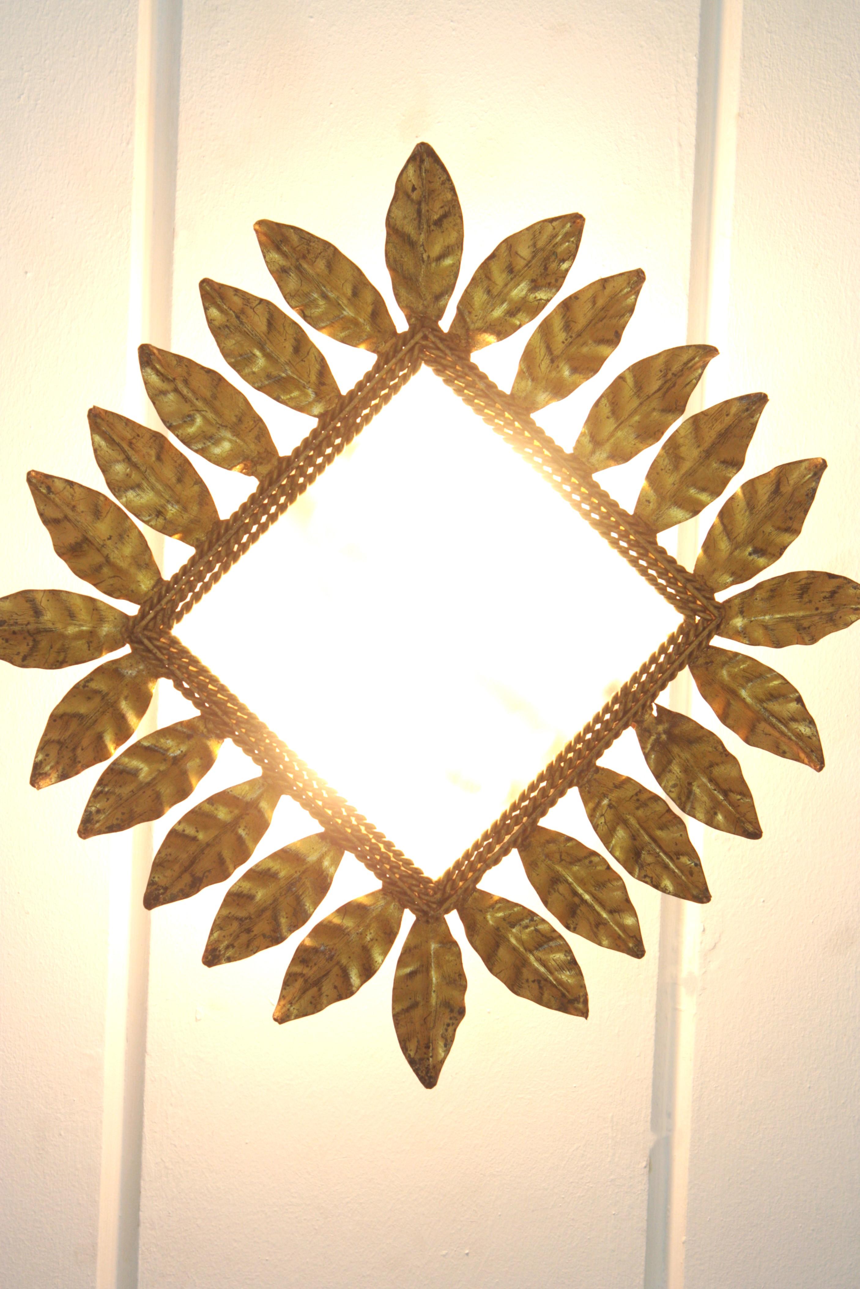 Spanish Sunburst Leafed Crown Ceiling Light Fixture, Gilt Iron and Frosted Glass For Sale 6
