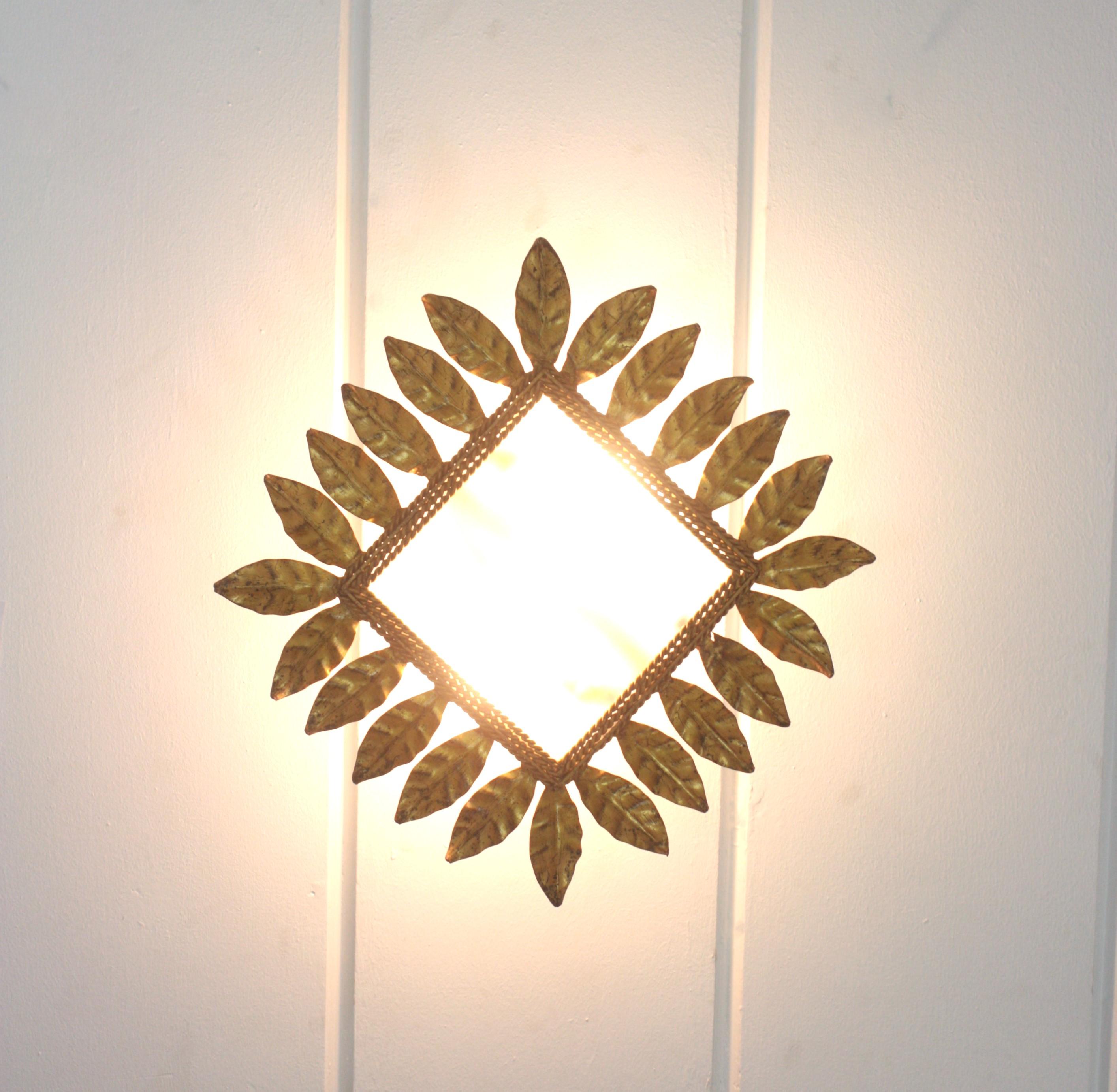 Spanish Sunburst Leafed Crown Ceiling Light Fixture, Gilt Iron and Frosted Glass For Sale 7