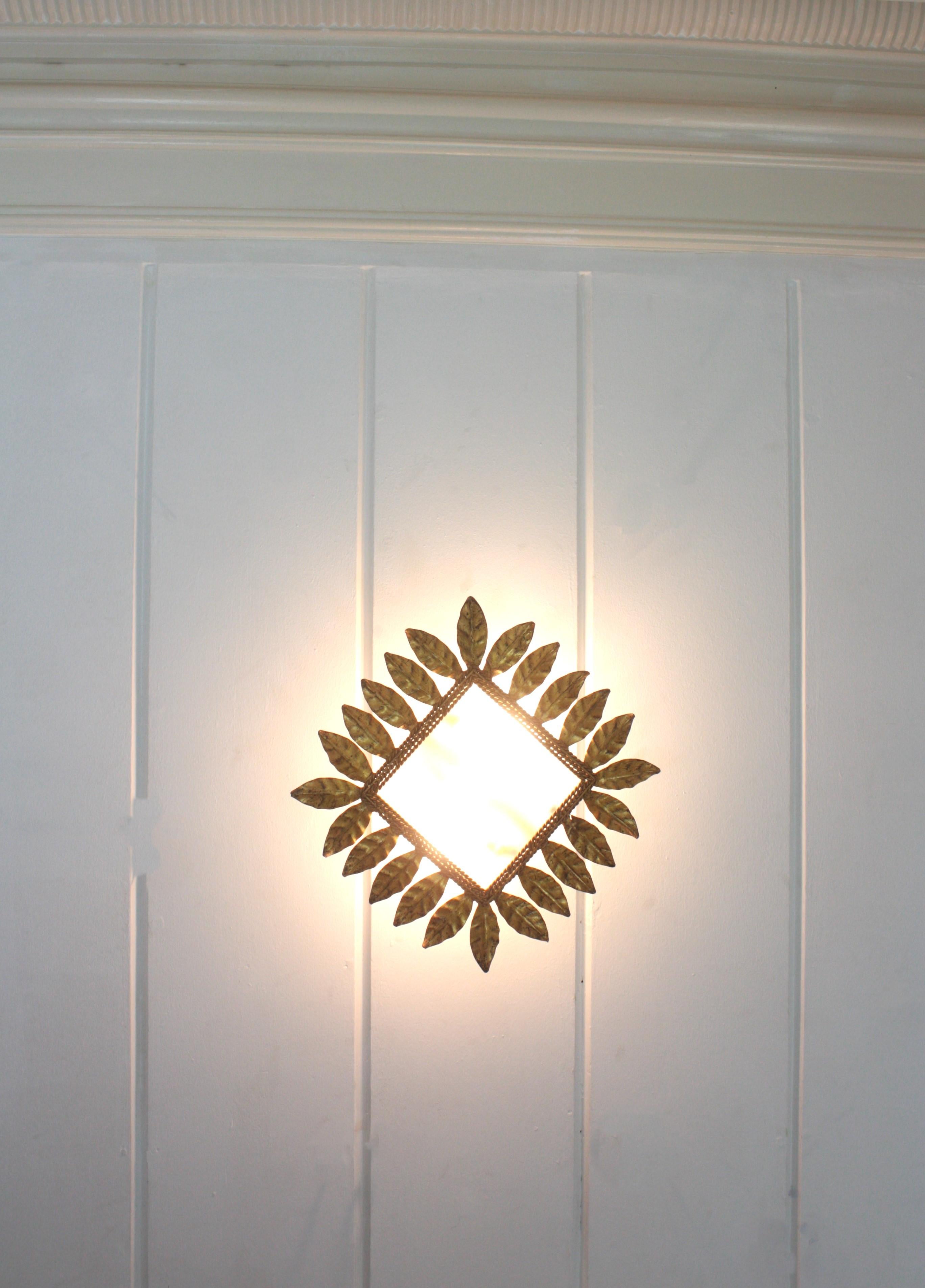 Spanish Sunburst Leafed Crown Ceiling Light Fixture, Gilt Iron and Frosted Glass For Sale 8
