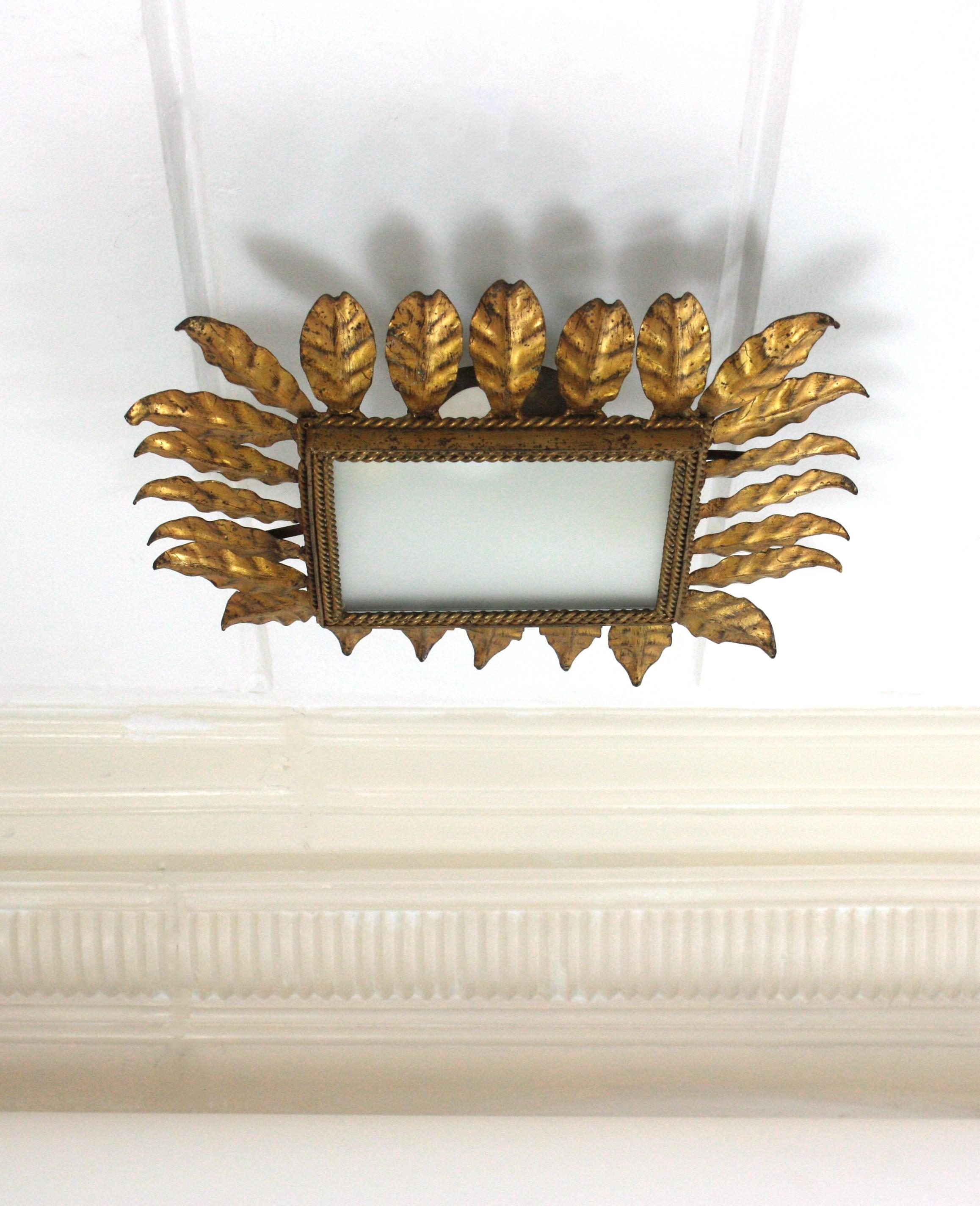 Spanish Sunburst Leafed Crown Ceiling Light Fixture, Gilt Iron and Frosted Glass For Sale 9