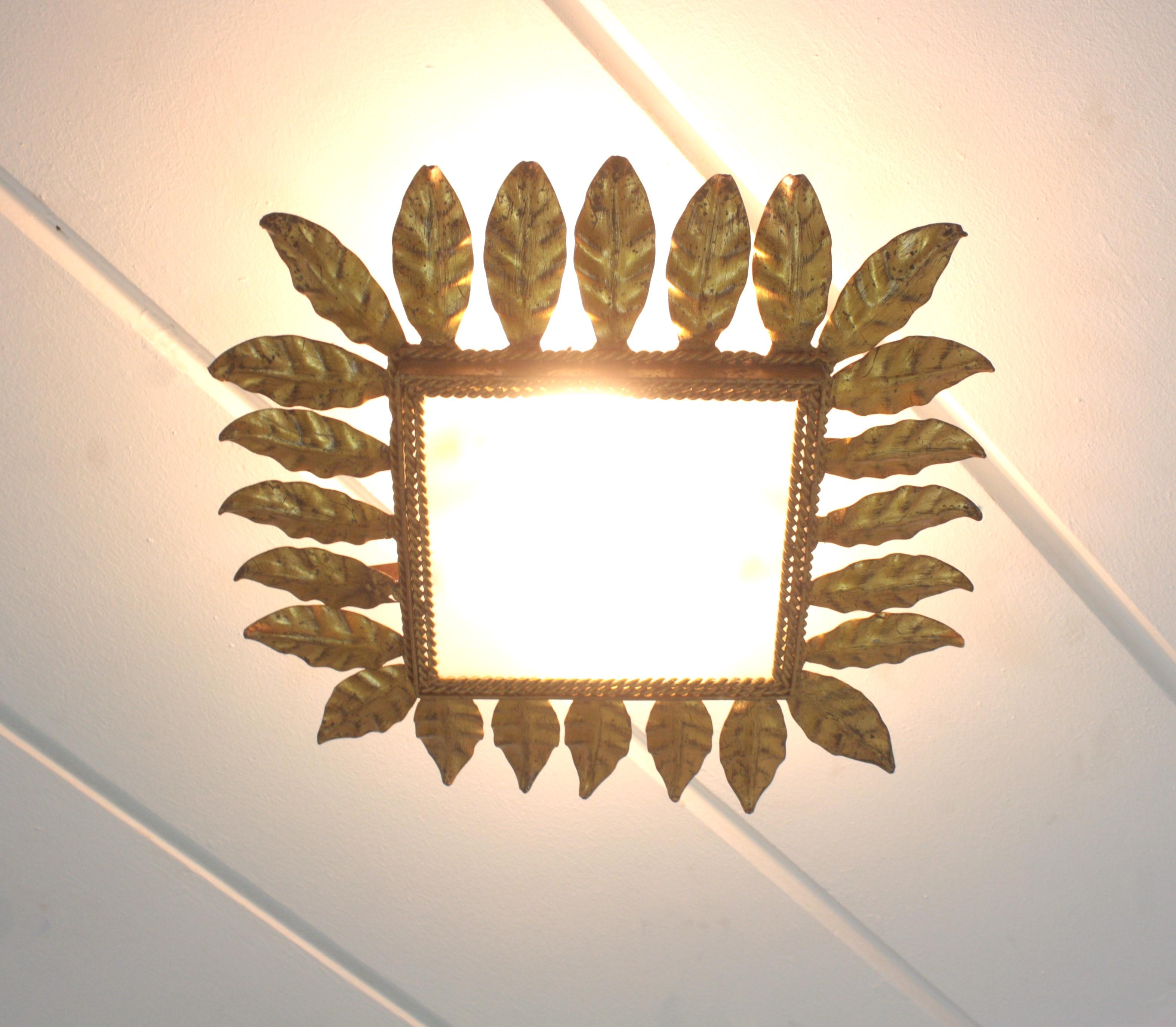 Spanish Sunburst Leafed Crown Ceiling Light Fixture, Gilt Iron and Frosted Glass For Sale 10
