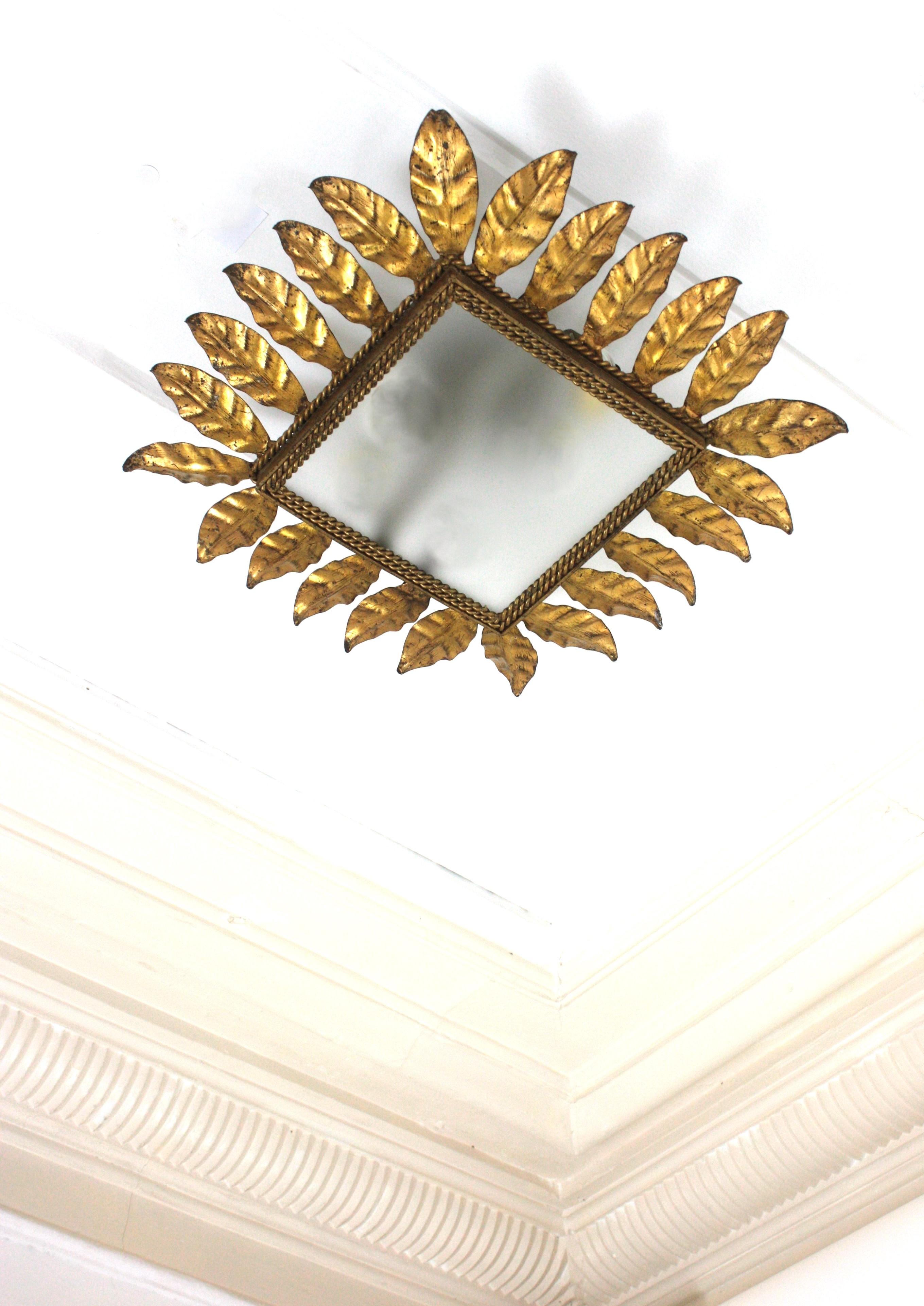 Spanish Sunburst Leafed Crown Ceiling Light Fixture, Gilt Iron and Frosted Glass For Sale 11