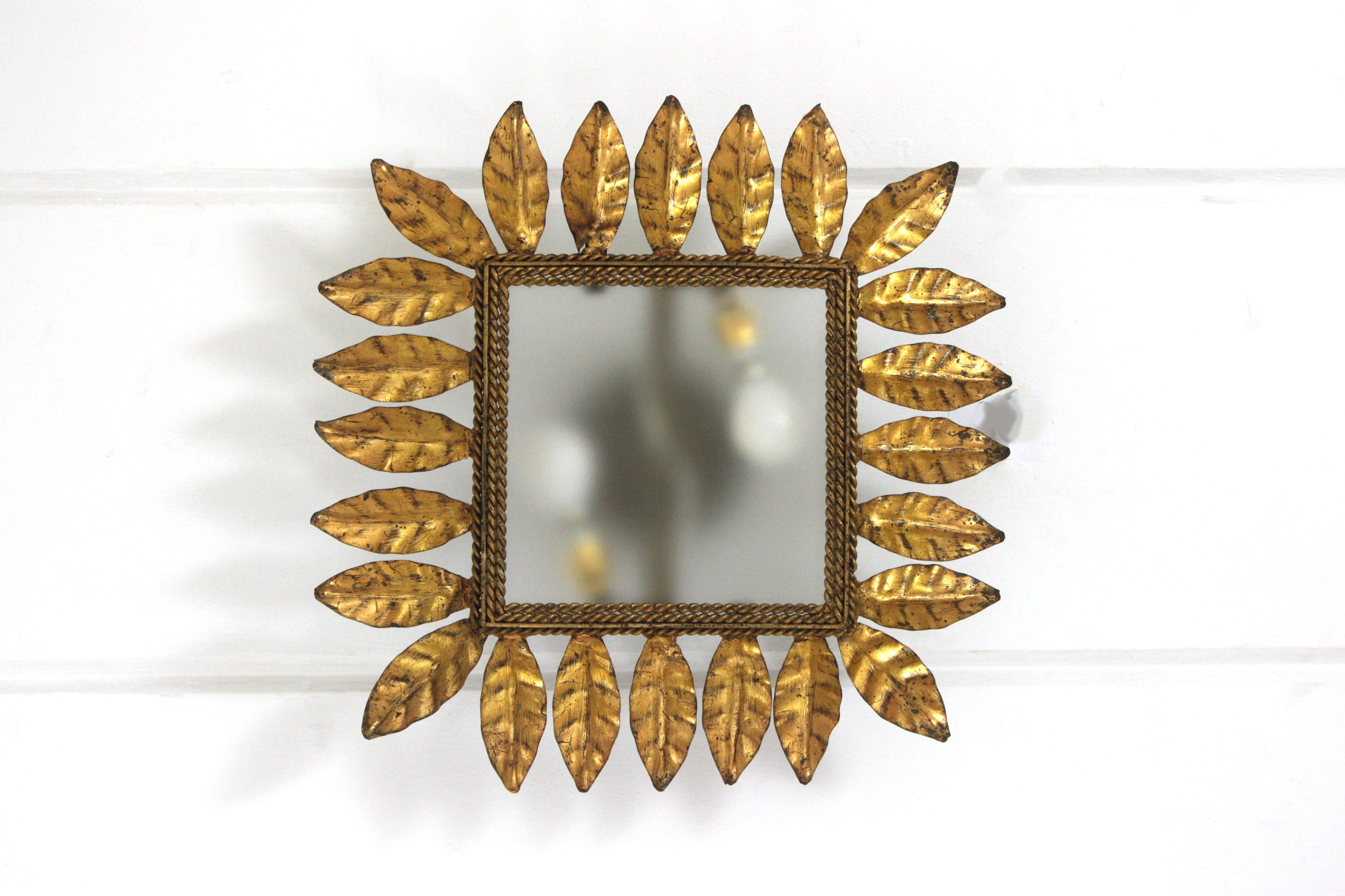 Spanish Sunburst Leafed Crown Ceiling Light Fixture, Gilt Iron and Frosted Glass For Sale 12