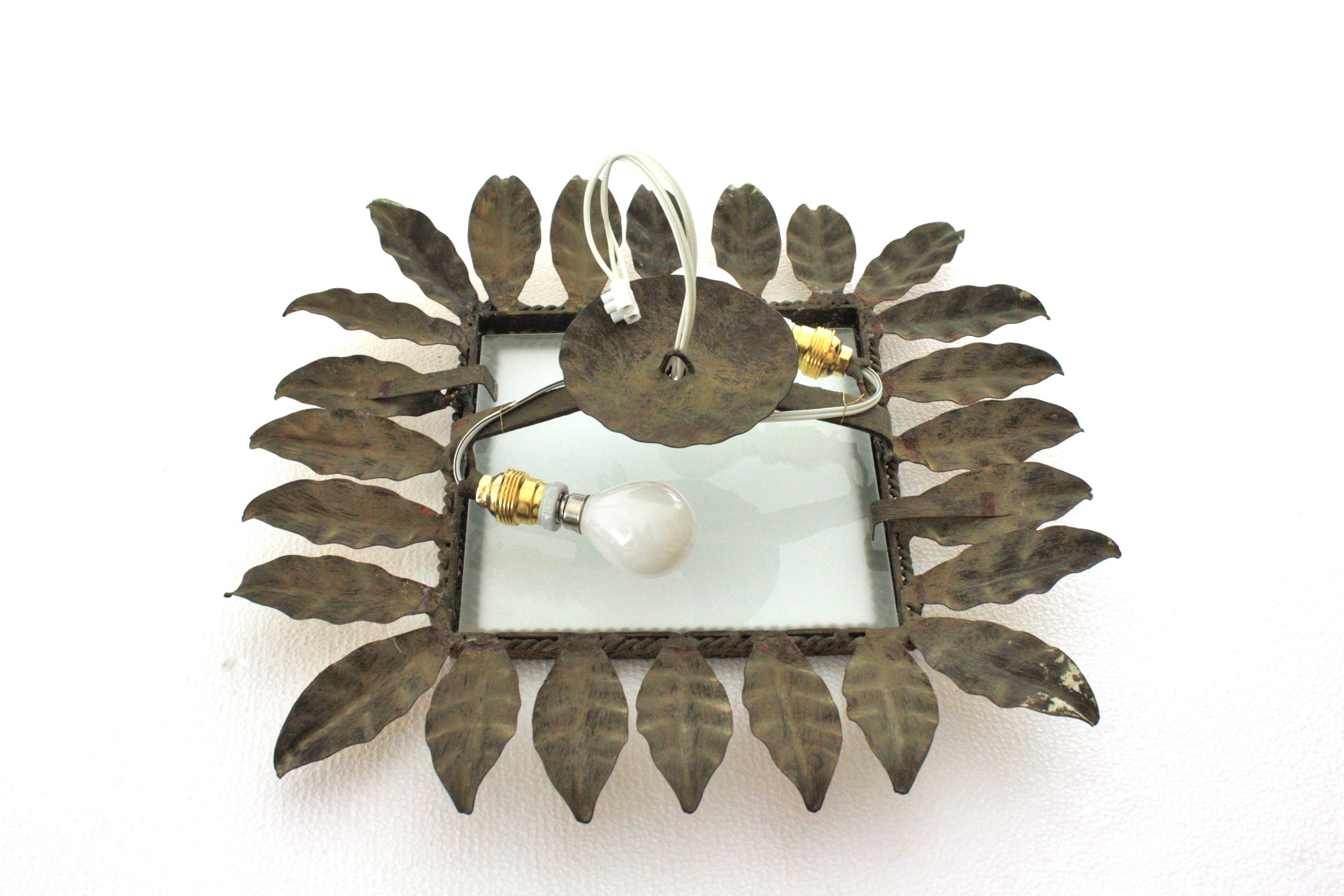 Spanish Sunburst Leafed Crown Ceiling Light Fixture, Gilt Iron and Frosted Glass For Sale 13