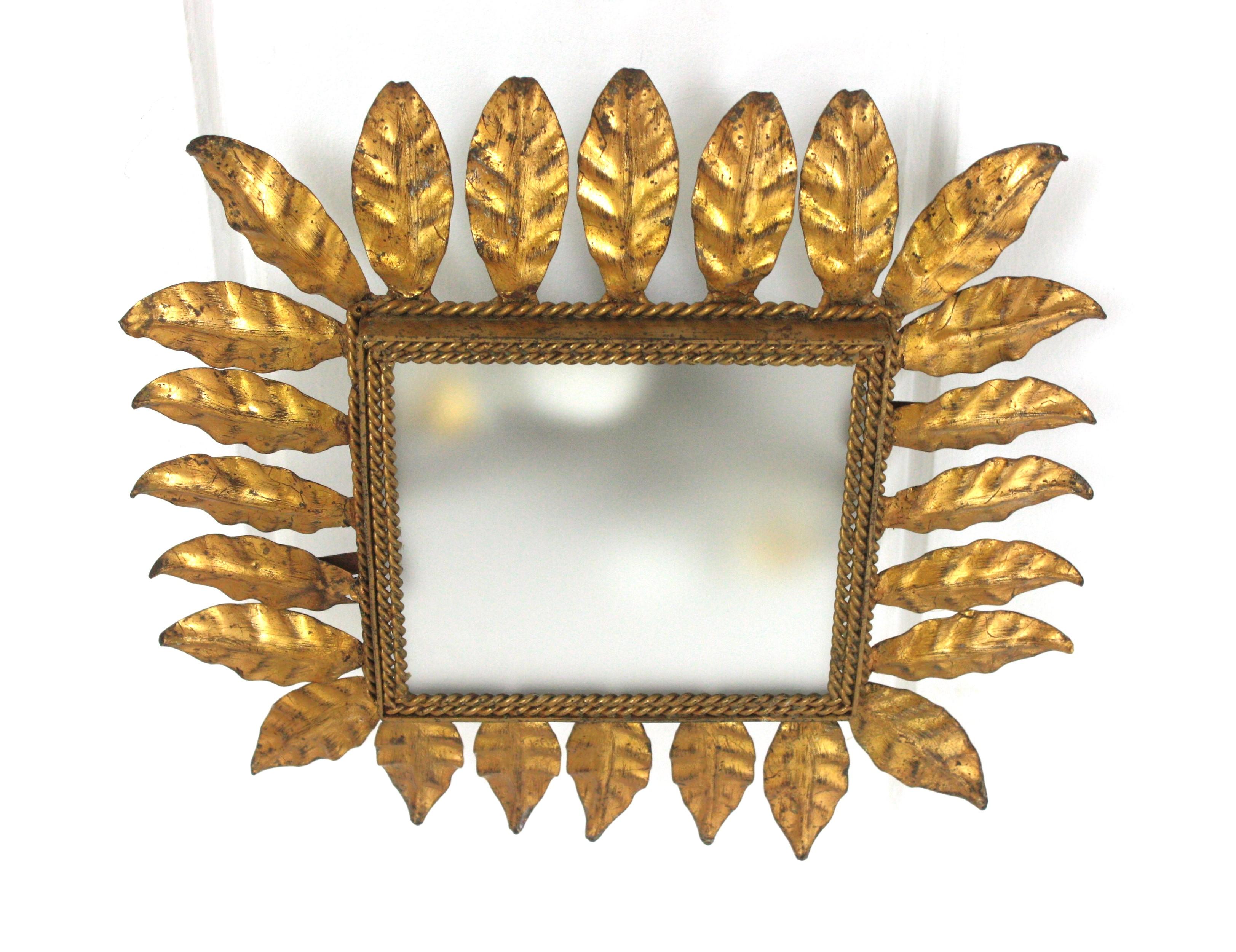 Spanish Sunburst Leafed Crown Ceiling Light Fixture, Gilt Iron and Frosted Glass For Sale 14