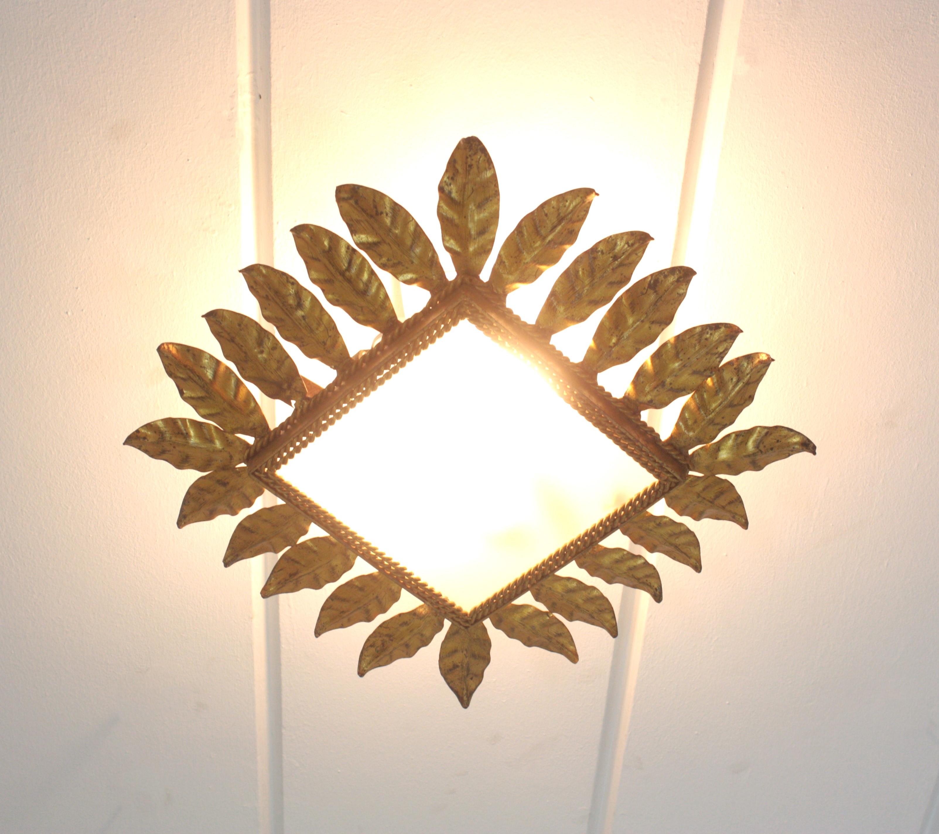 20th Century Spanish Sunburst Leafed Crown Ceiling Light Fixture, Gilt Iron and Frosted Glass For Sale