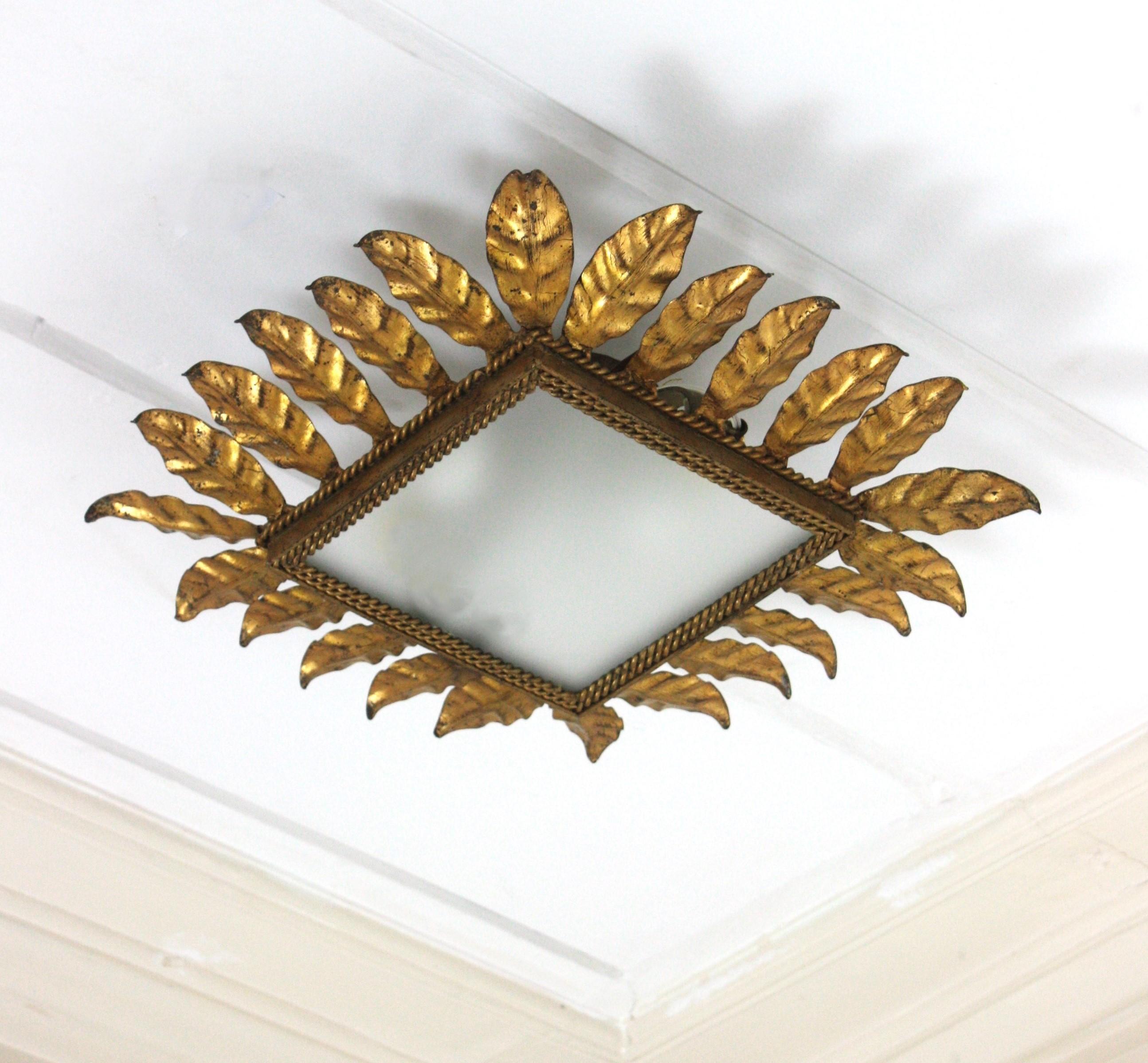 Spanish Sunburst Leafed Crown Ceiling Light Fixture, Gilt Iron and Frosted Glass For Sale 2