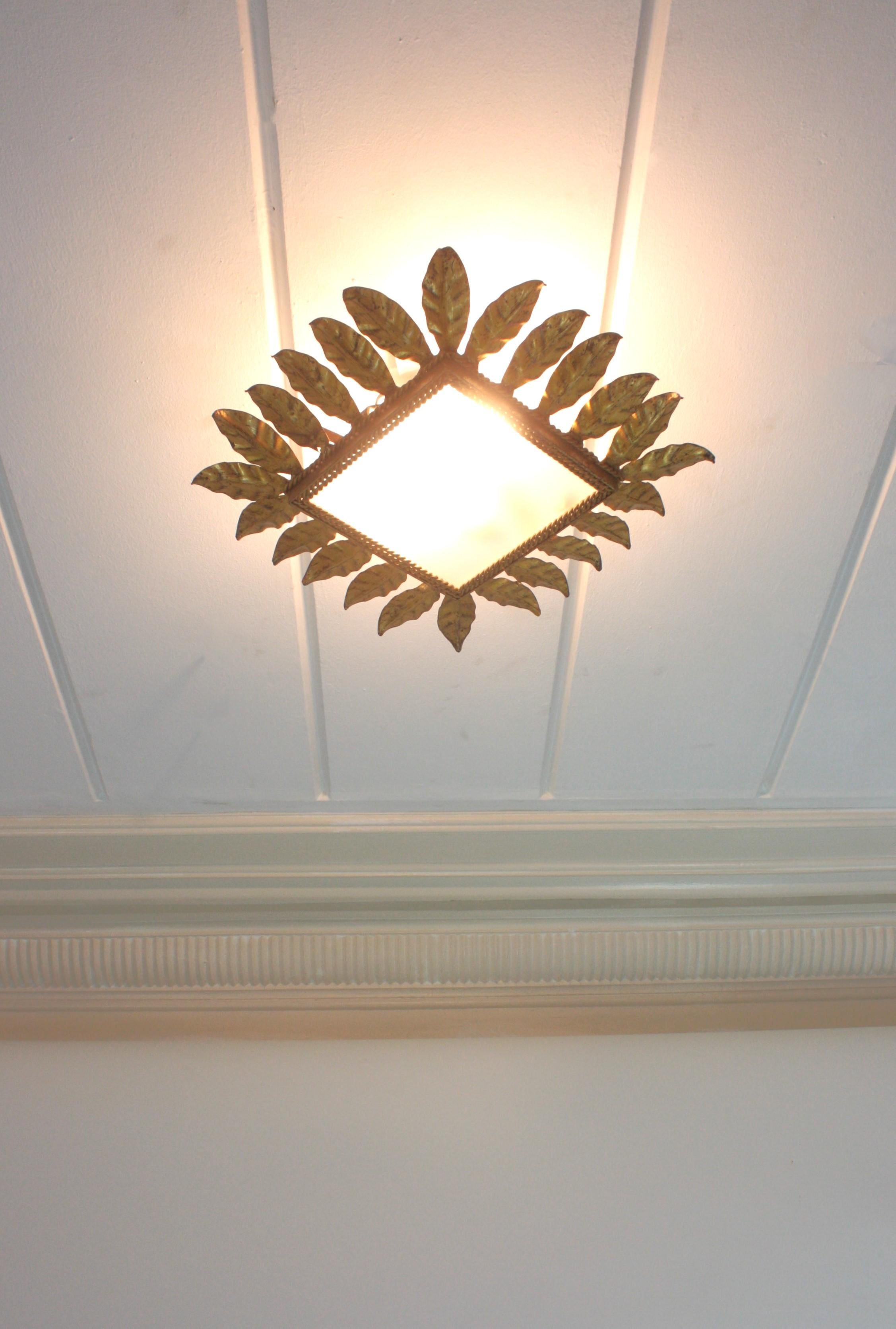 Spanish Sunburst Leafed Crown Ceiling Light Fixture, Gilt Iron and Frosted Glass For Sale 3
