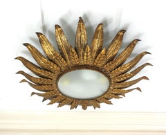 Spanish Sunburst Leafed Flush Mount Light Fixture in Gilt Iron