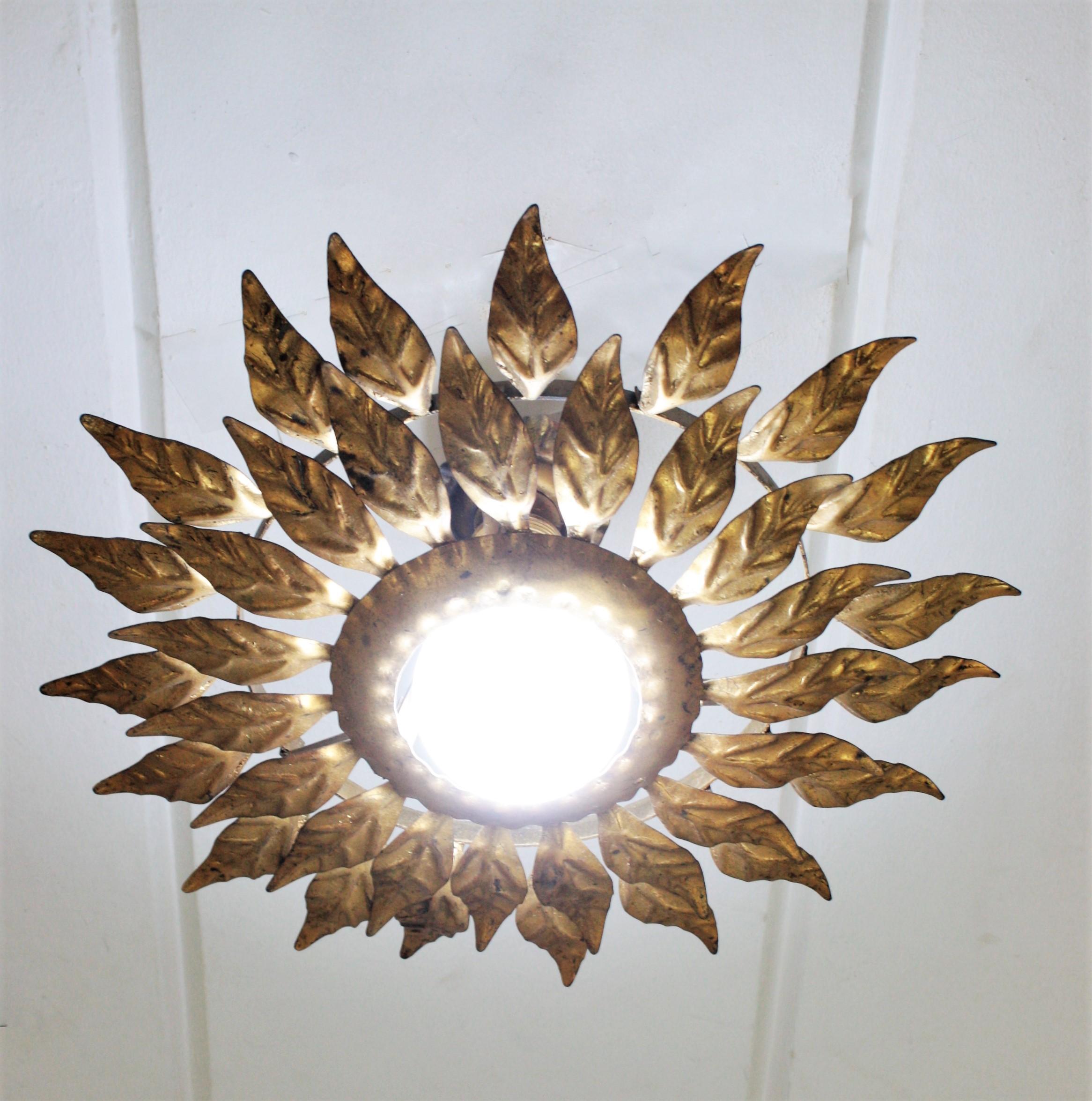 Spanish Sunburst Light Fixture in Gilt Iron with Double Leafed Frame For Sale 7