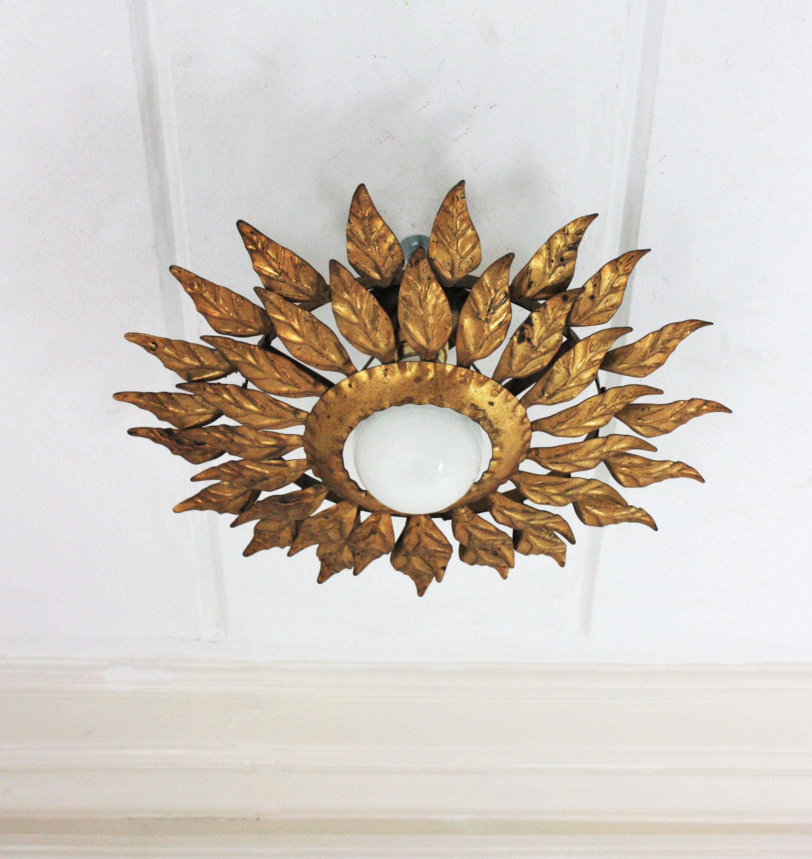 Mid-Century Modern Spanish Sunburst Light Fixture in Gilt Iron with Double Leafed Frame For Sale