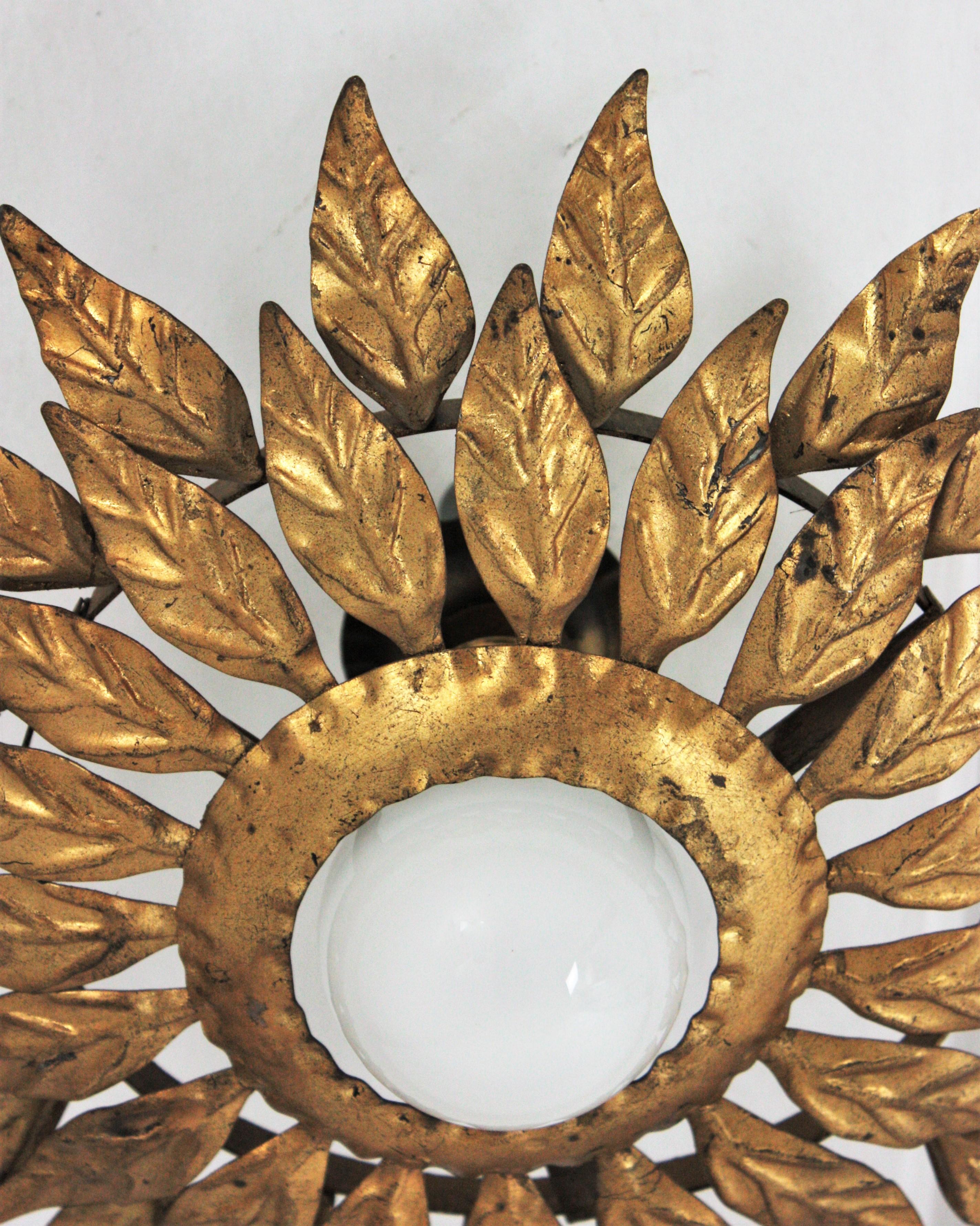 Spanish Sunburst Light Fixture in Gilt Iron with Double Leafed Frame For Sale 1