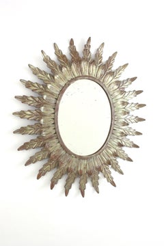 Spanish Sunburst Leafed Oval Mirror in Silvered Iron