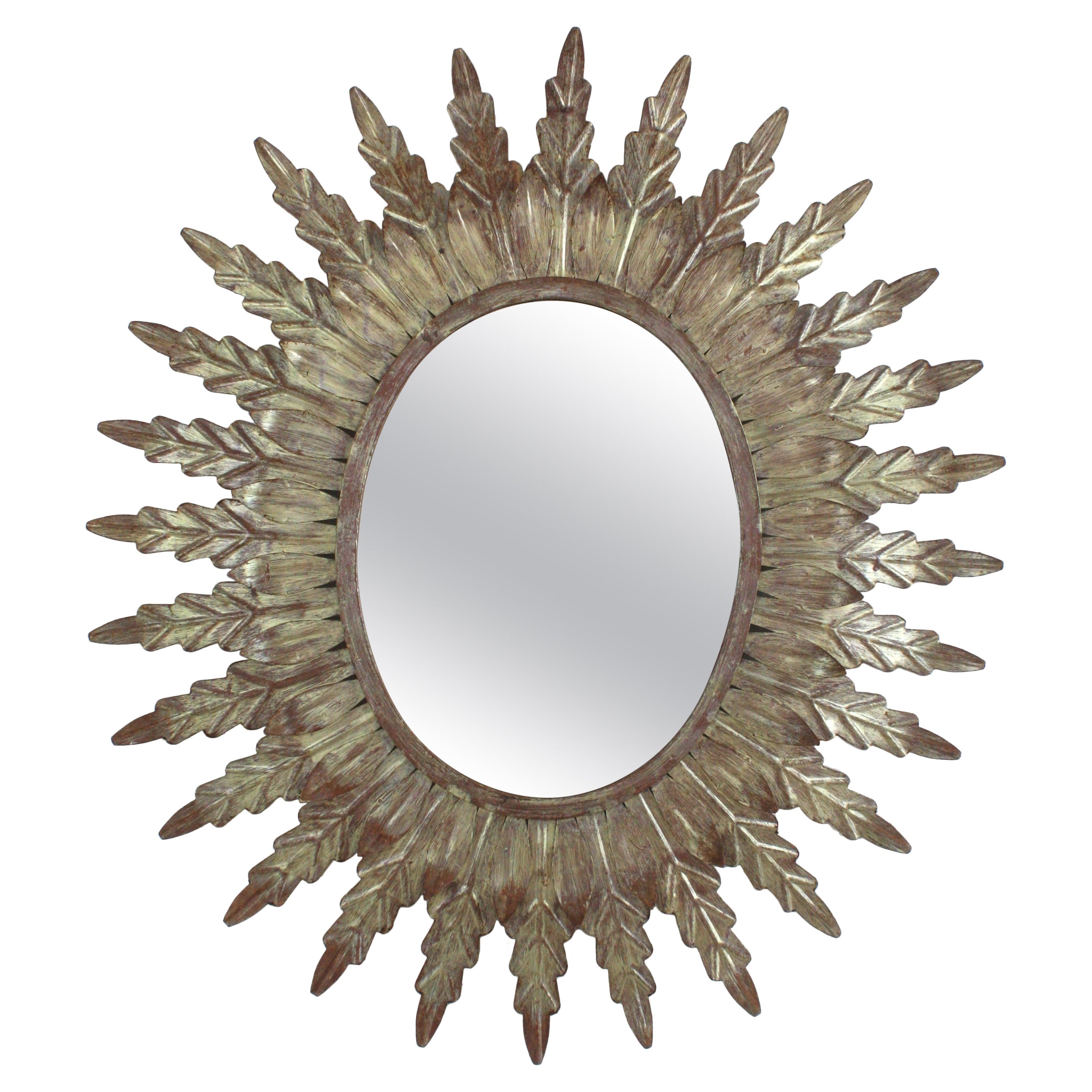 Spanish Sunburst Leafed Oval Mirror in Silvered Iron