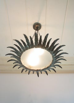 Spanish Sunburst Leaves Chandelier / Pendant Light in Silvered Iron, 1950s