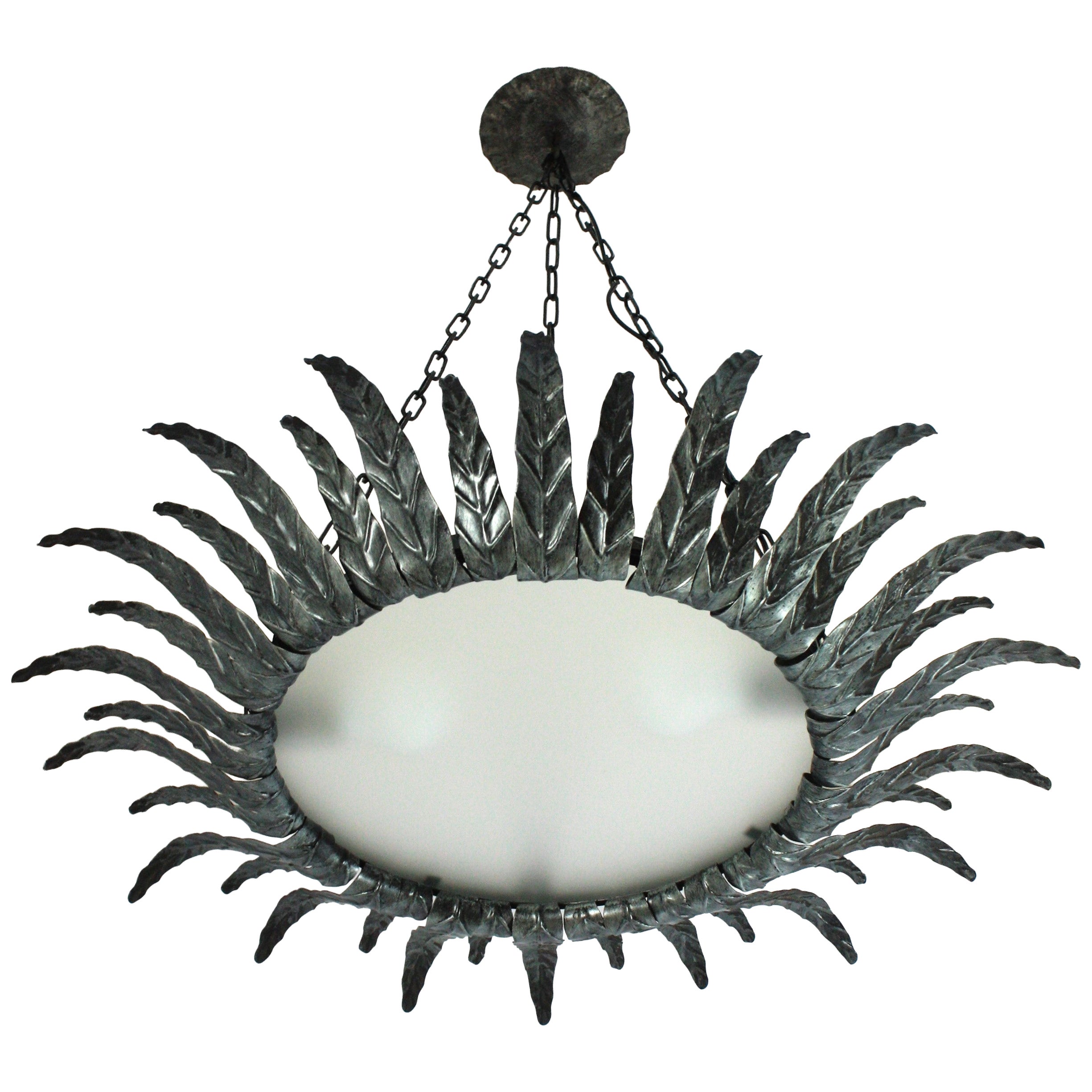 Spanish Sunburst Leaves Chandelier / Pendant Light in Silvered Iron, 1950s