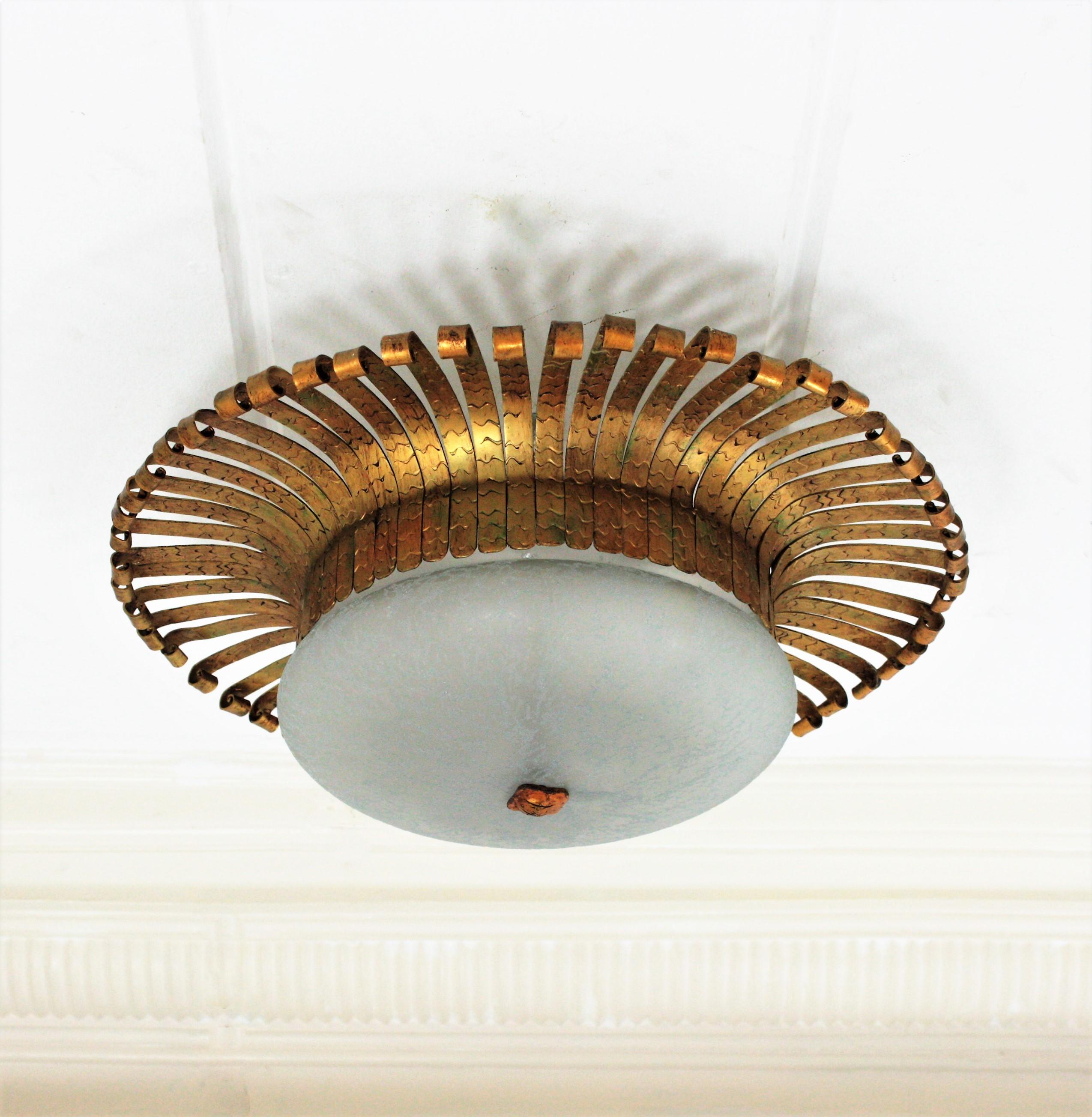 Spanish Sunburst Light Fixture in Wrought Gilt Iron with Frosted Glass Shade For Sale 7