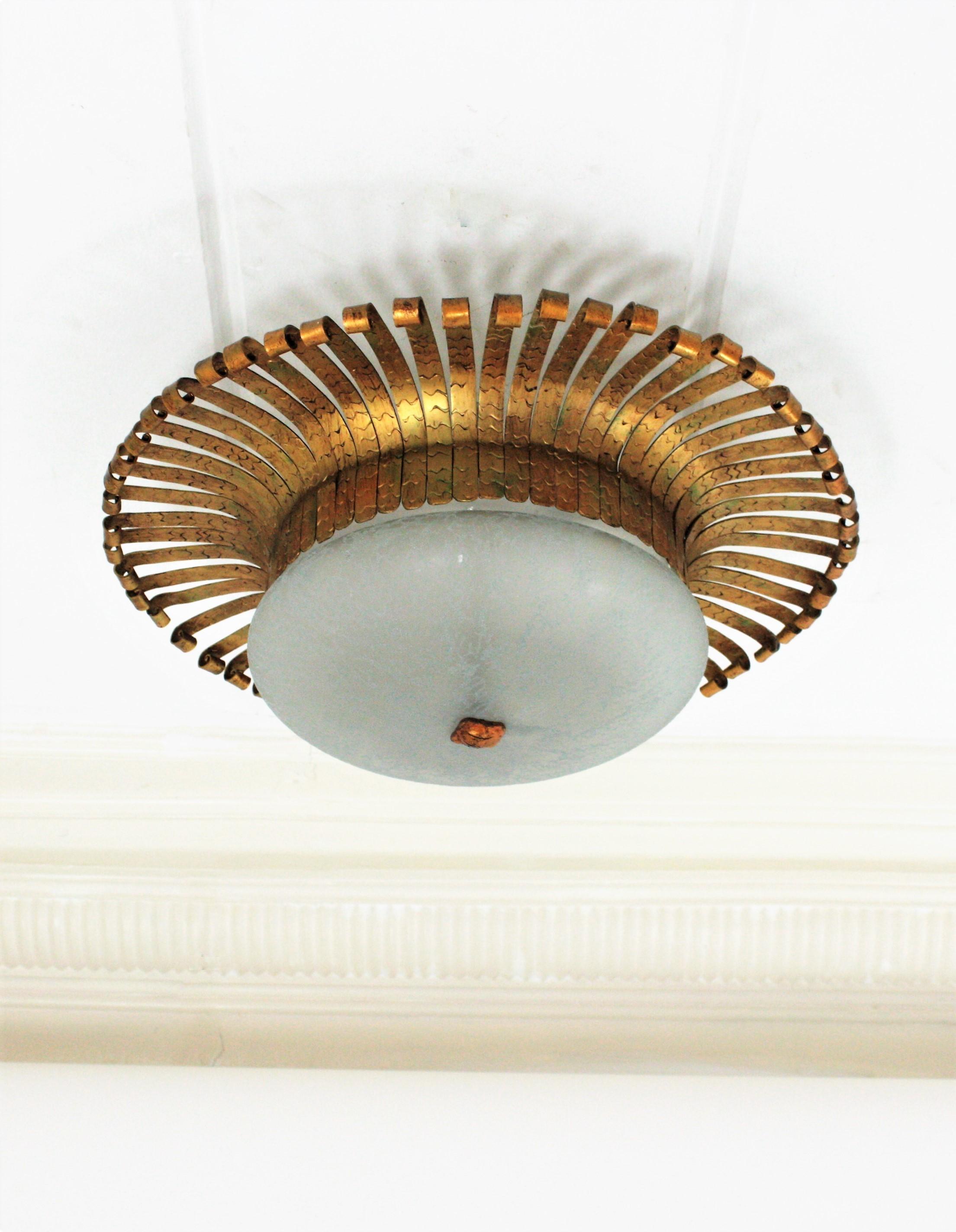 Spanish Sunburst Light Fixture in Wrought Gilt Iron with Frosted Glass Shade For Sale 8