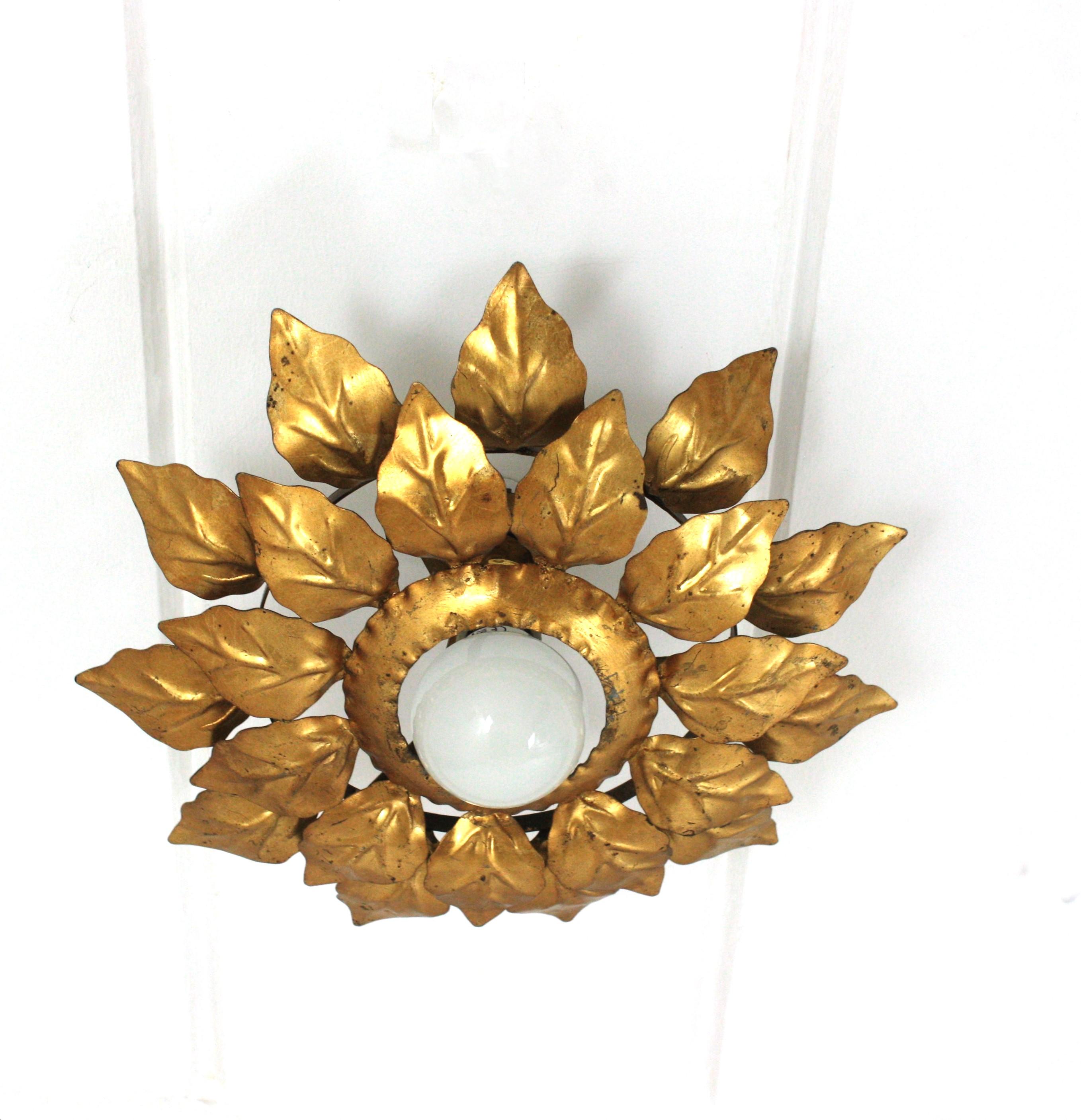 Gilt metal double layered leafed sunburst ceiling flush mount. Spain, 1960s.
An eye-catching sunburst or flower burst ceiling light featuring two layers of gilt iron leaves surrounding a central exposed bulb.
Original gold leaf gilding and nice
