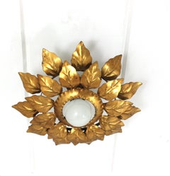 Spanish Sunburst Light Fixture with Double Leafed Frame, Gilt Iron
