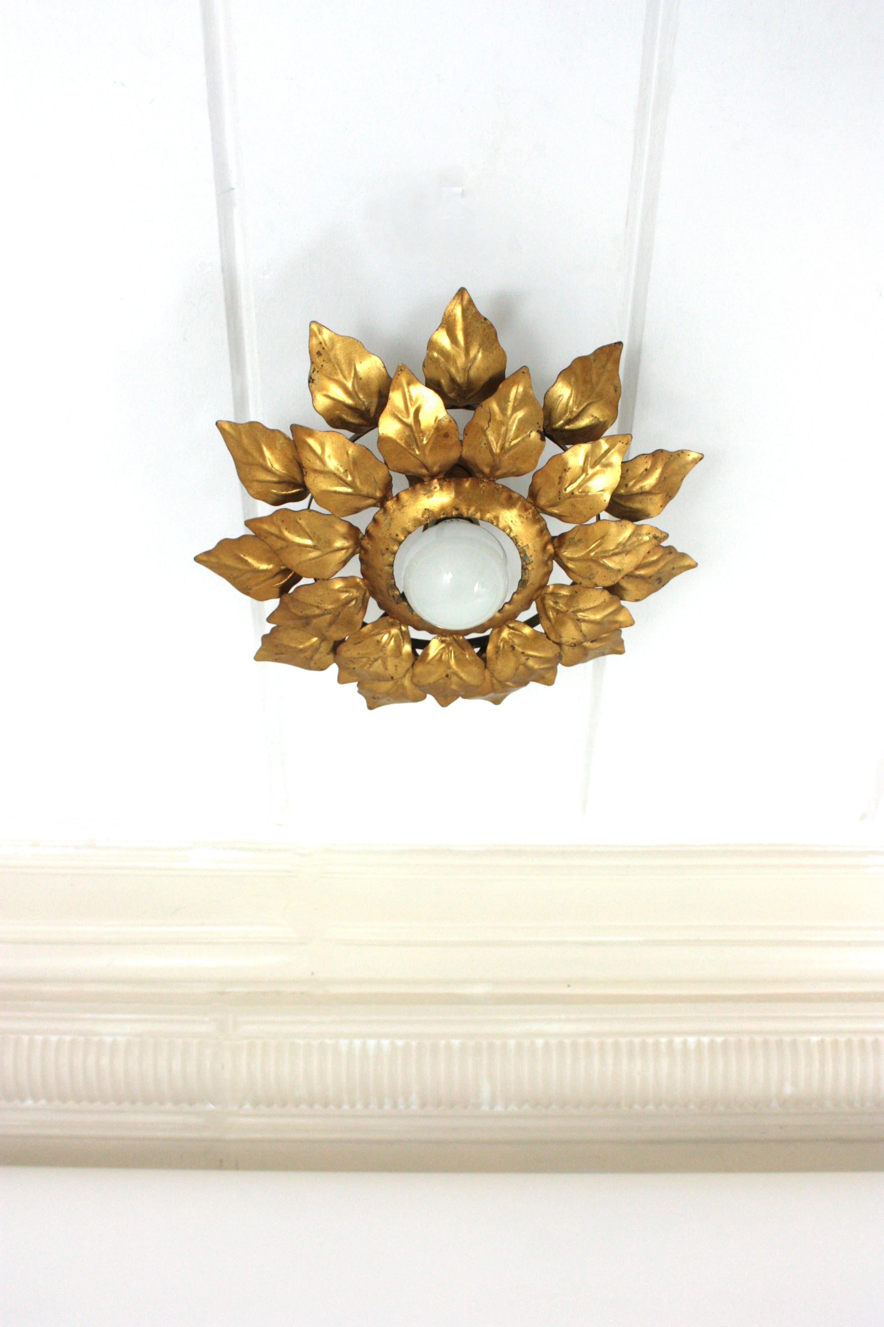 Spanish Sunburst Light Fixture with Double Leafed Frame, Gilt Iron In Good Condition For Sale In Barcelona, ES