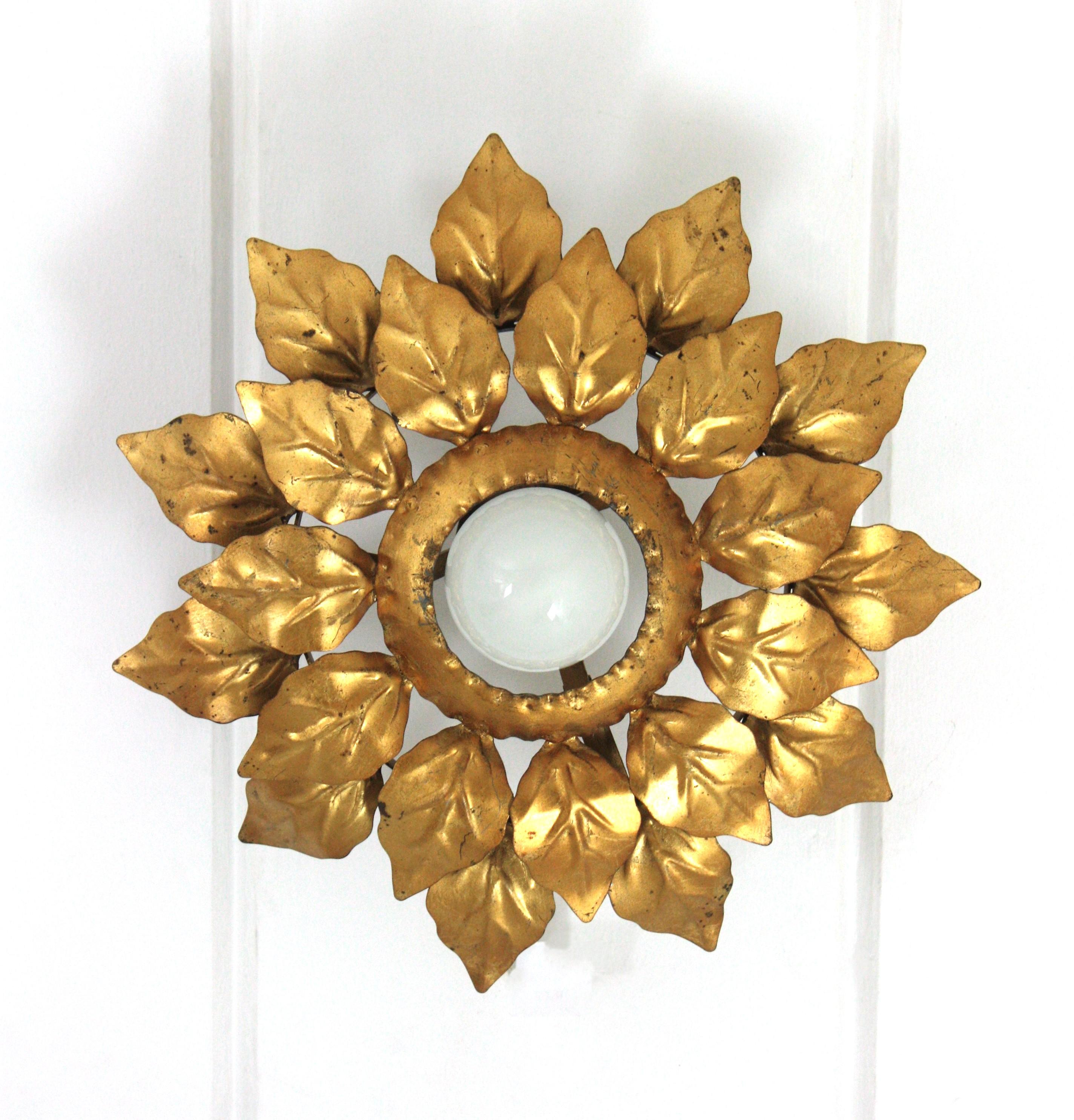 Metal Spanish Sunburst Light Fixture with Double Leafed Frame, Gilt Iron For Sale