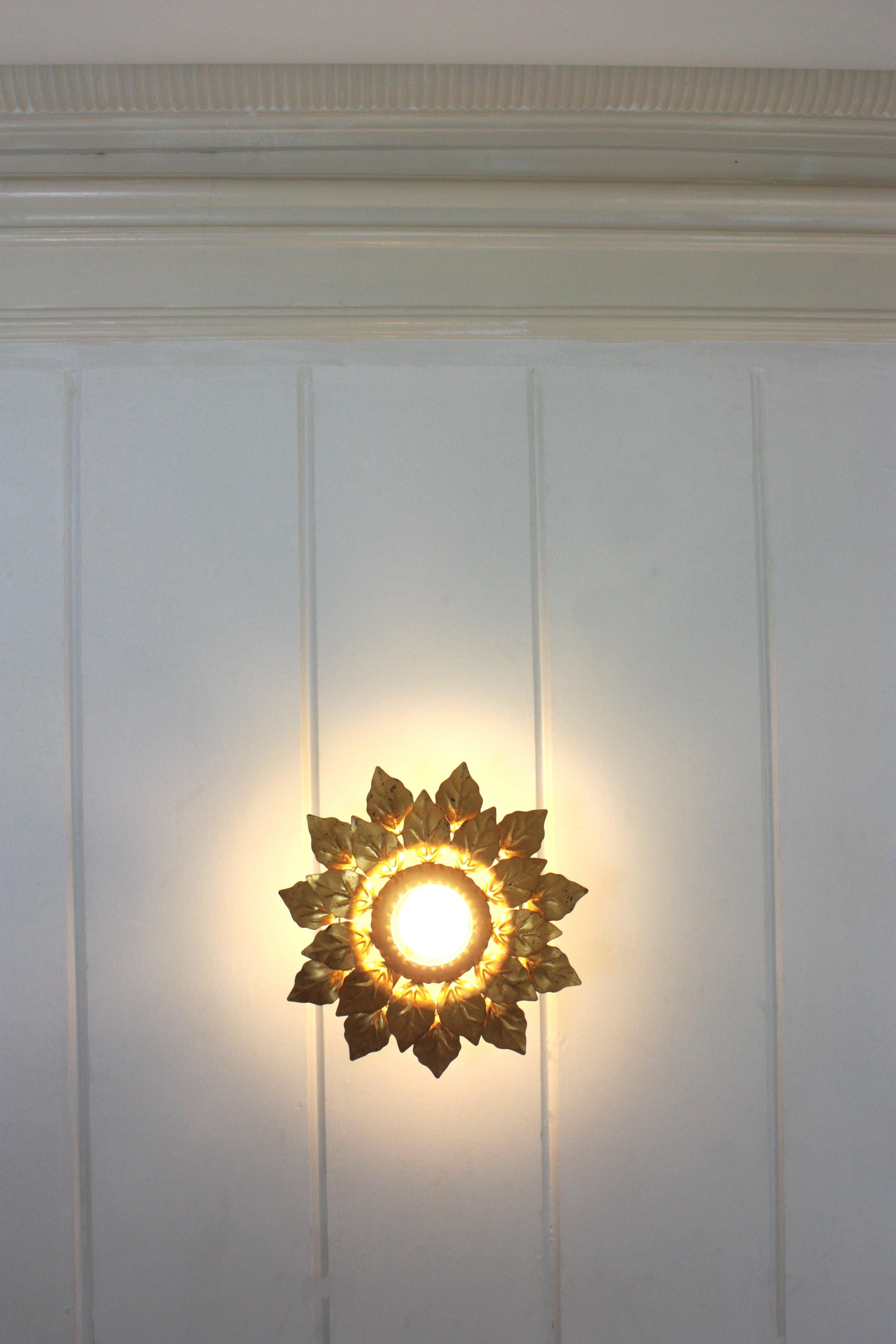 Spanish Sunburst Light Fixture with Double Leafed Frame, Gilt Iron For Sale 3