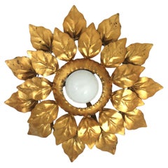 Vintage Spanish Sunburst Light Fixture with Double Leafed Frame, Gilt Iron