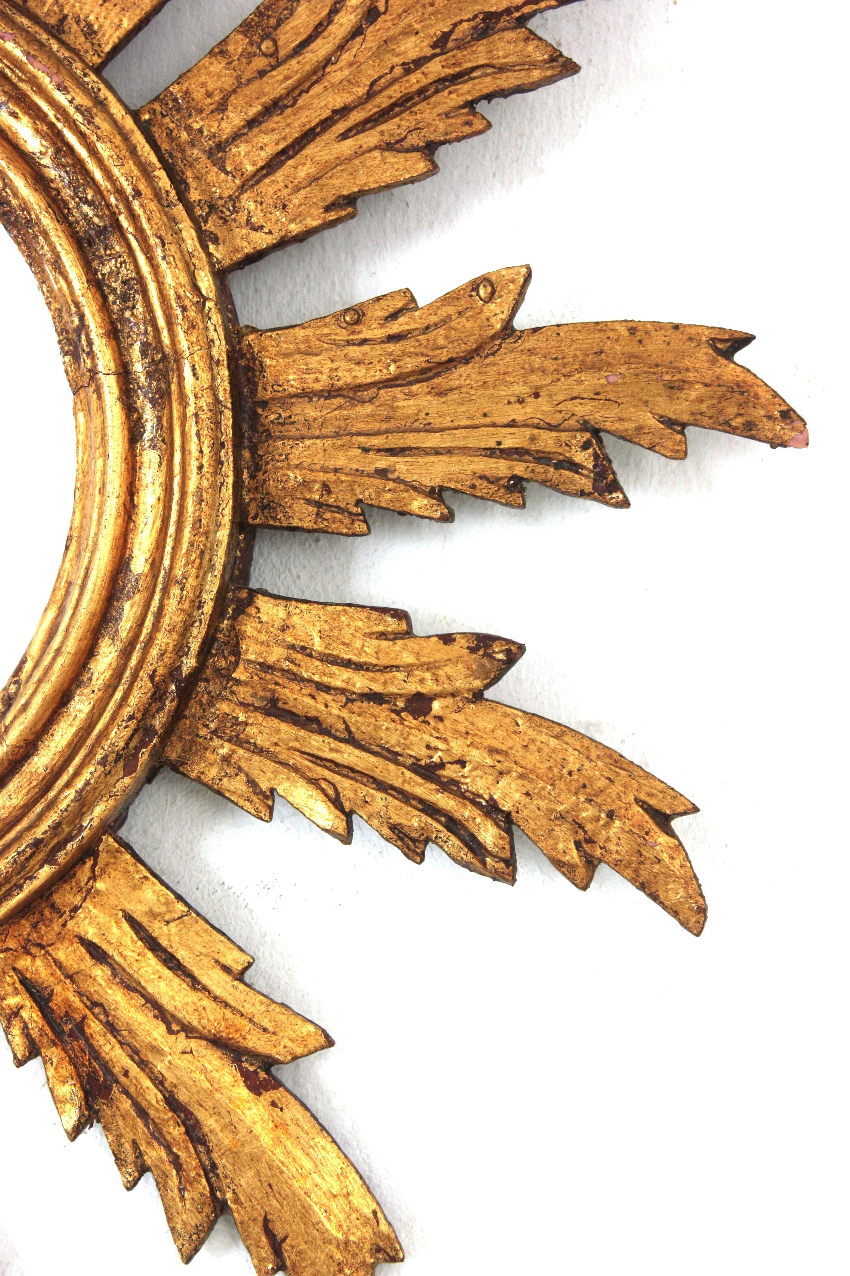 Spanish Sunburst Mirror in Carved Giltwood, 1950s For Sale 2