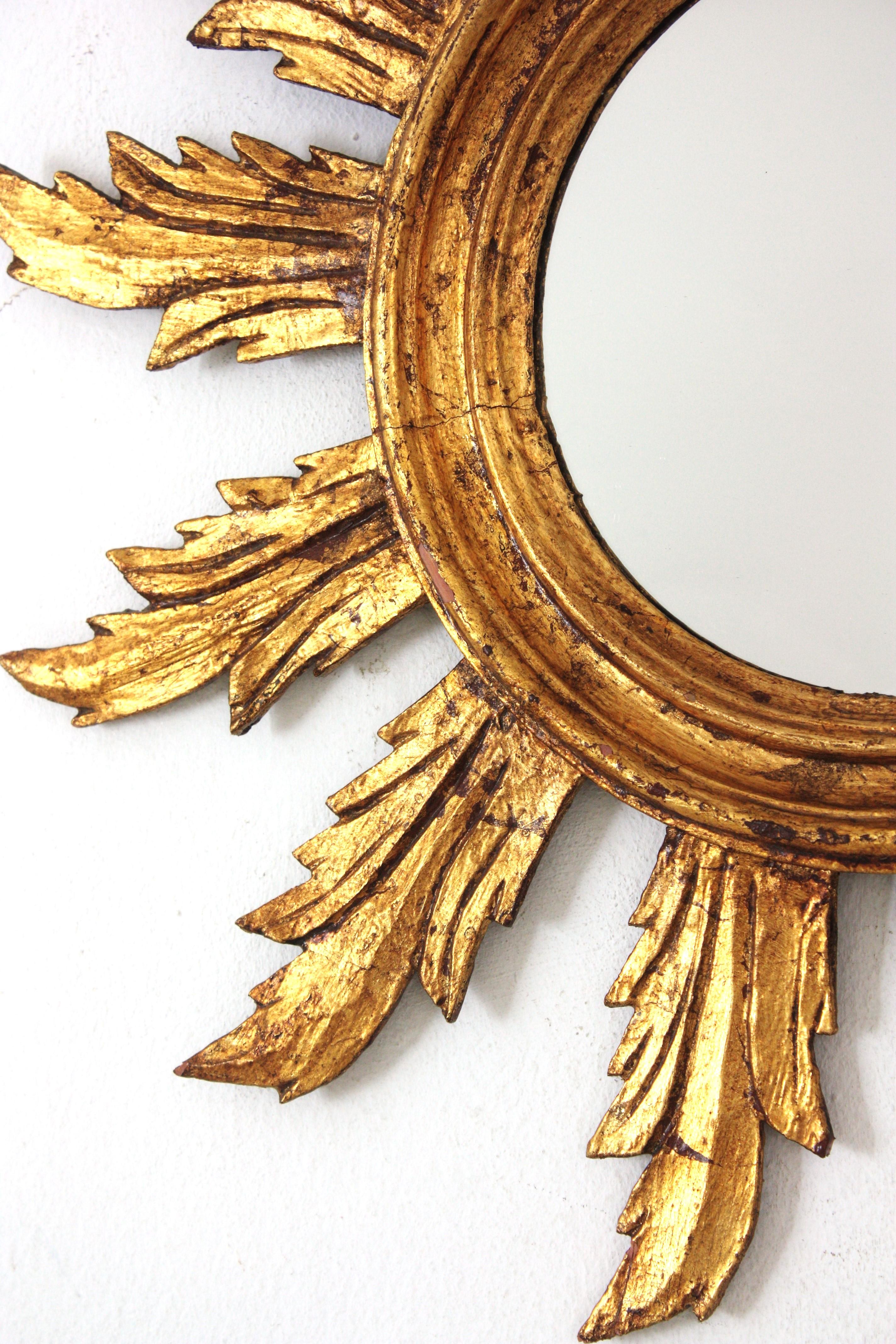 Spanish Sunburst Mirror in Carved Giltwood, 1950s For Sale 3