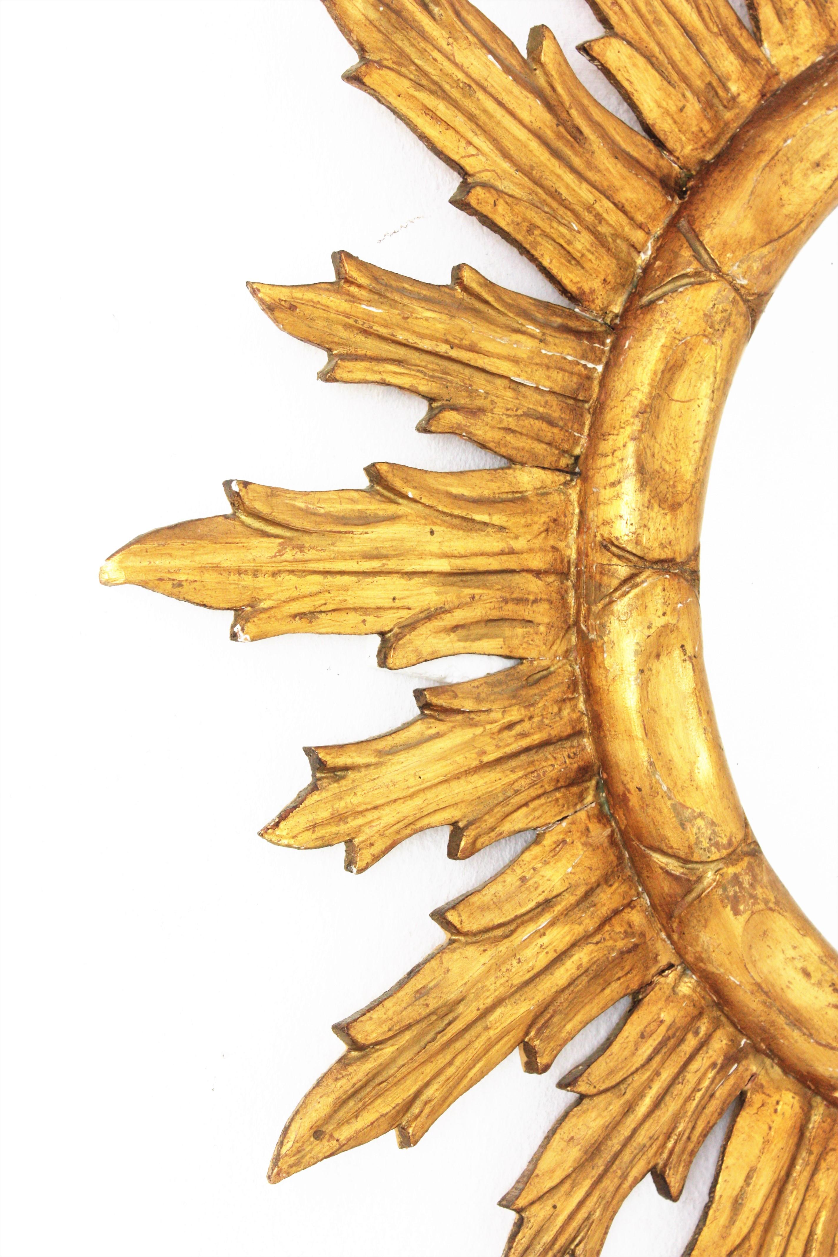 20th Century Spanish Sunburst Mirror in Carved Giltwood, 1950s For Sale