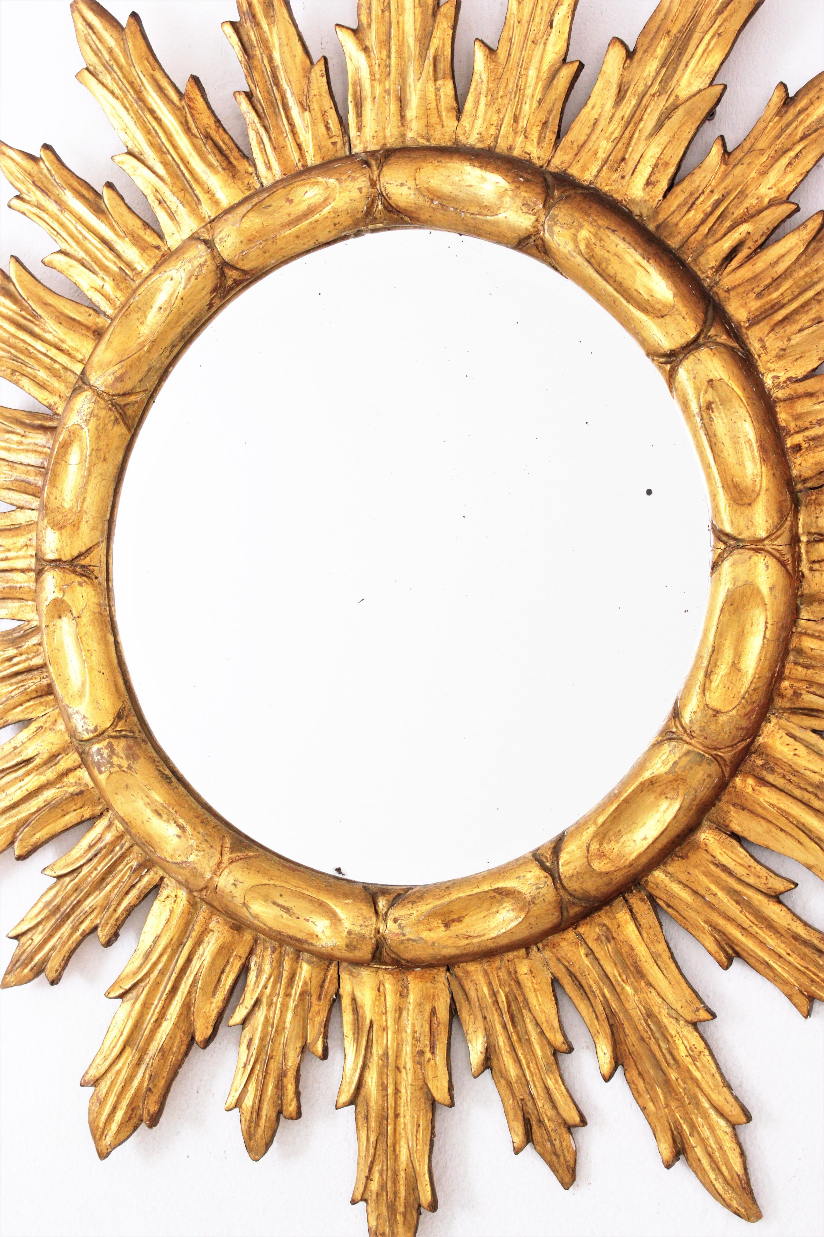 Spanish Sunburst Mirror in Carved Giltwood, 1950s For Sale 4