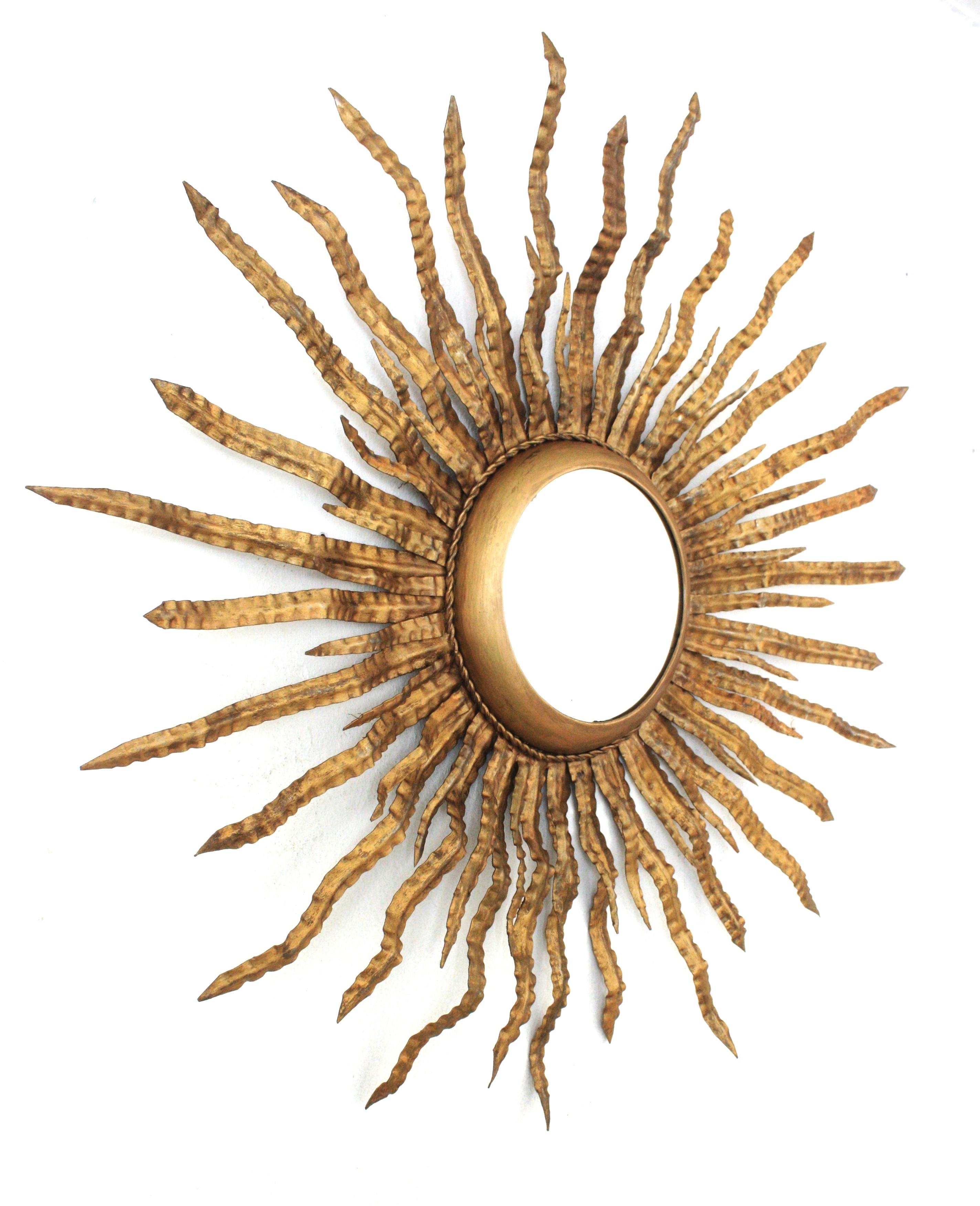 Mid-Century Modern Spanish Sunburst Mirror in Gilt Metal, 1960s