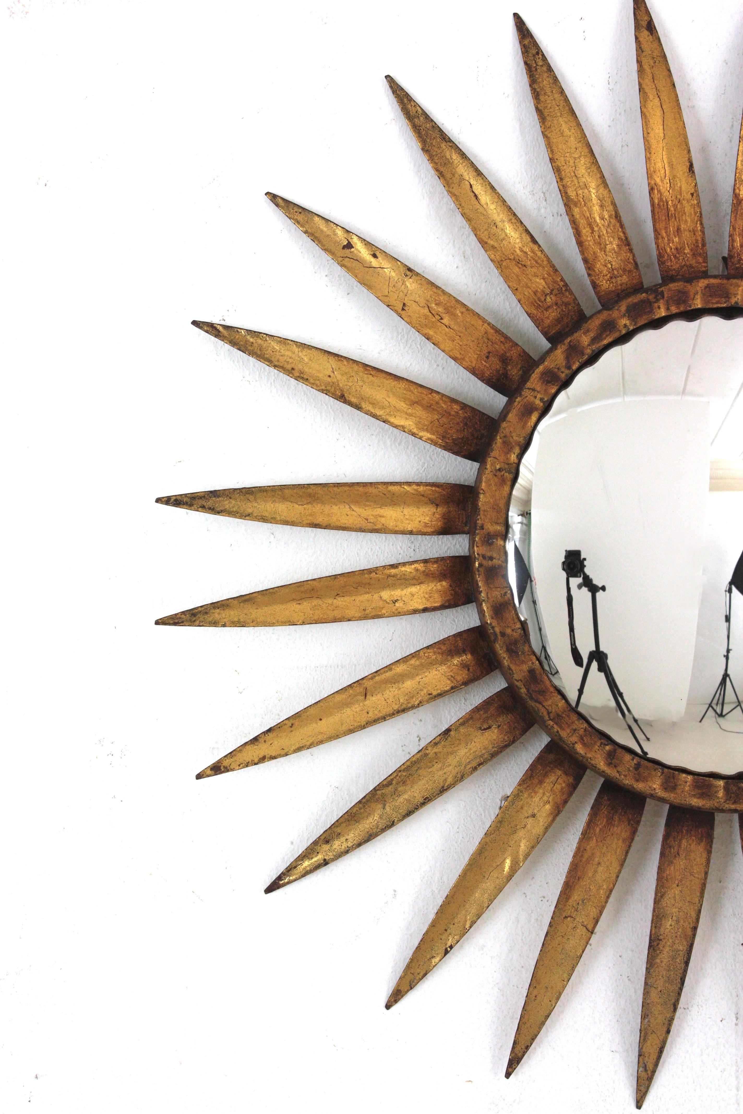 20th Century Spanish Sunburst Mirror in Gilt Metal, Convex Glass For Sale