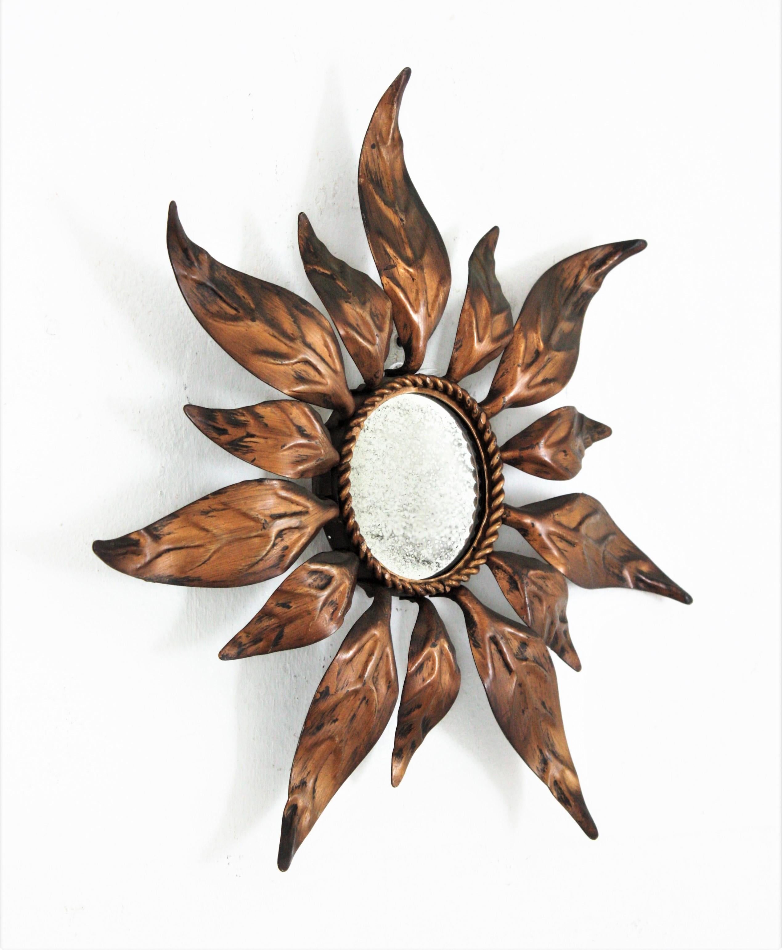 Mid-Century Modern Spanish Sunburst Mirror in Gilt Metal with Leaf Design, Mini Size For Sale