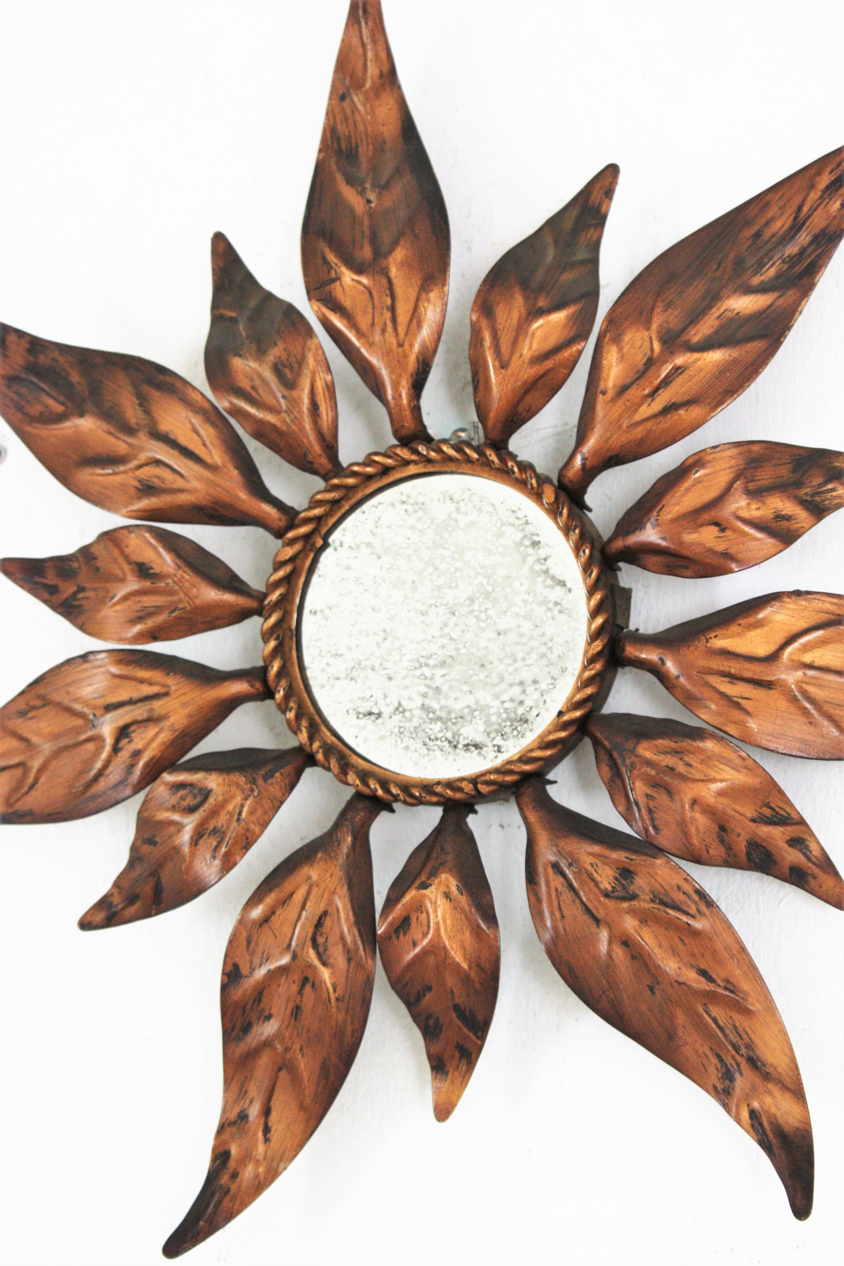 20th Century Spanish Sunburst Mirror in Gilt Metal with Leaf Design, Mini Size For Sale