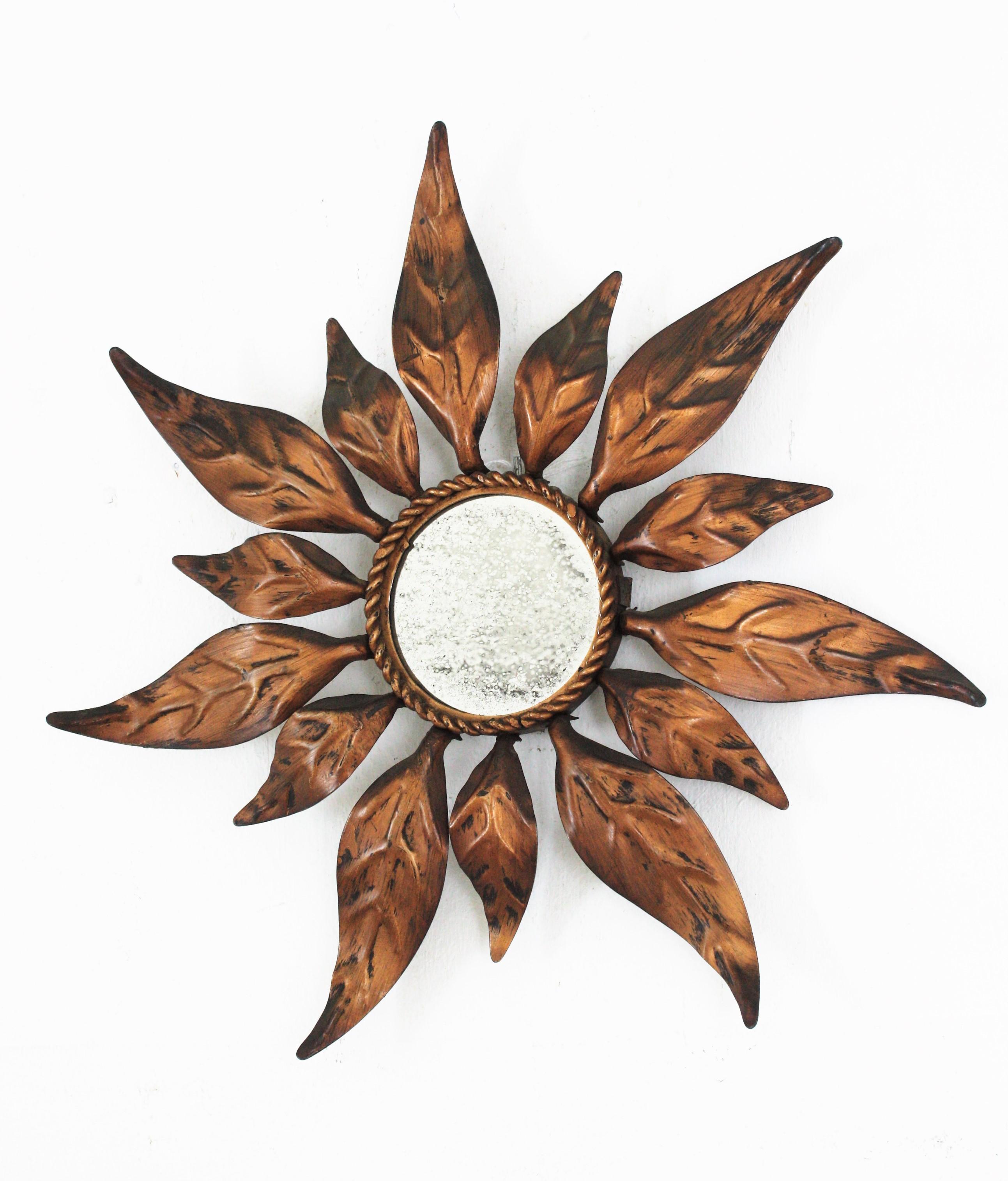 Spanish Sunburst Mirror in Gilt Metal with Leaf Design, Mini Size For Sale 2