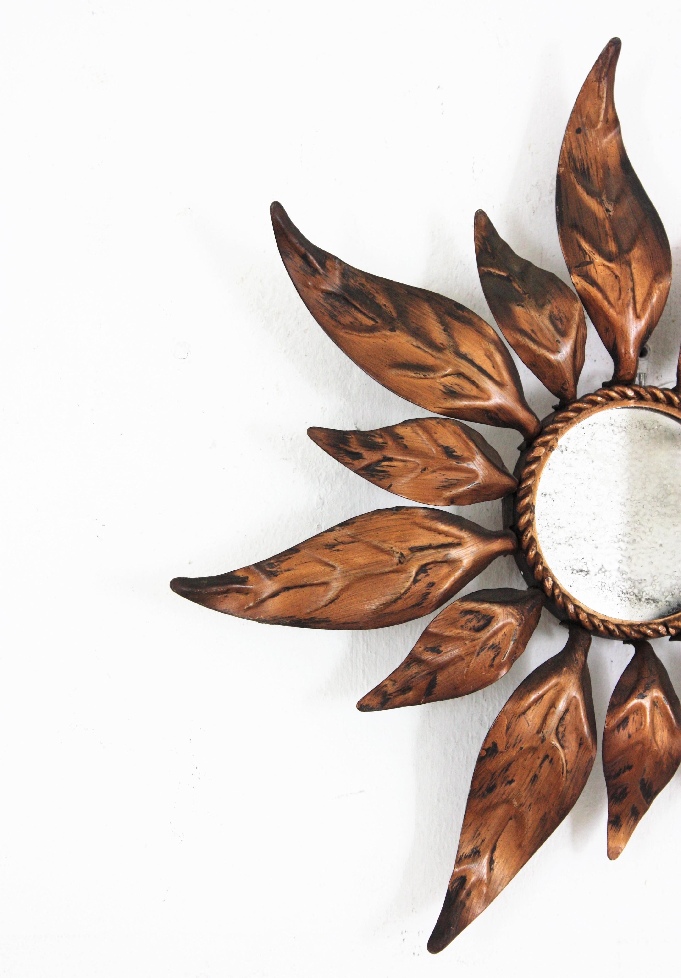 Spanish Sunburst Mirror in Gilt Metal with Leaf Design, Mini Size For Sale 4