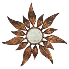 Spanish Sunburst Mirror in Gilt Metal with Leaf Design, Mini Size