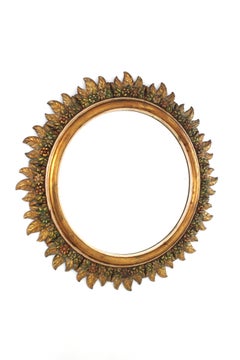 Spanish Sunburst Mirror in Giltwood with Flowers Carved Frame, 1950s